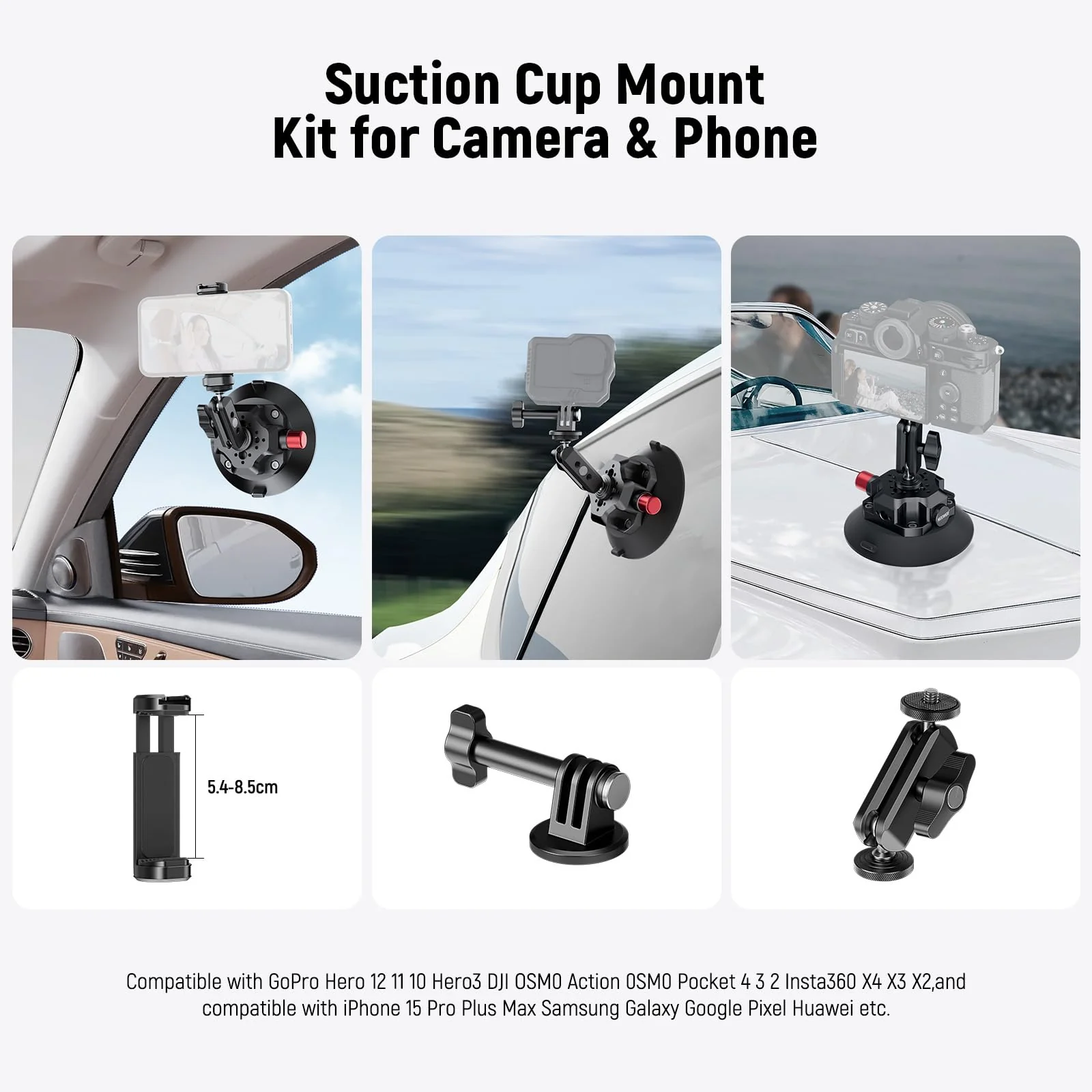 NEEWER 4.5" Suction Cup Camera Mount with Ball Head Magic Arm, 1/4" 3/8" ARRI Holes, Quick Release Car Mount with Phone Holder & Action Cam Adapter Compatible with iPhone DJI Insta360, CA105 - Image 2