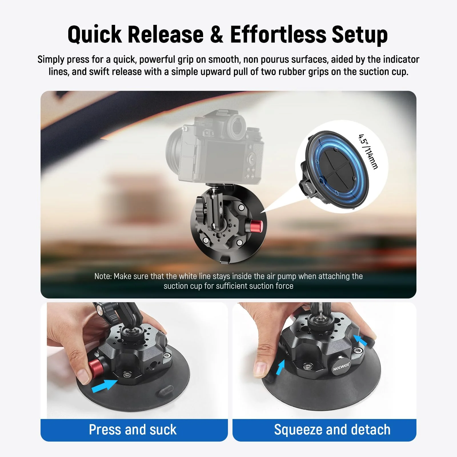 NEEWER 4.5" Suction Cup Camera Mount with Ball Head Magic Arm, 1/4" 3/8" ARRI Holes, Quick Release Car Mount with Phone Holder & Action Cam Adapter Compatible with iPhone DJI Insta360, CA105 - Image 4