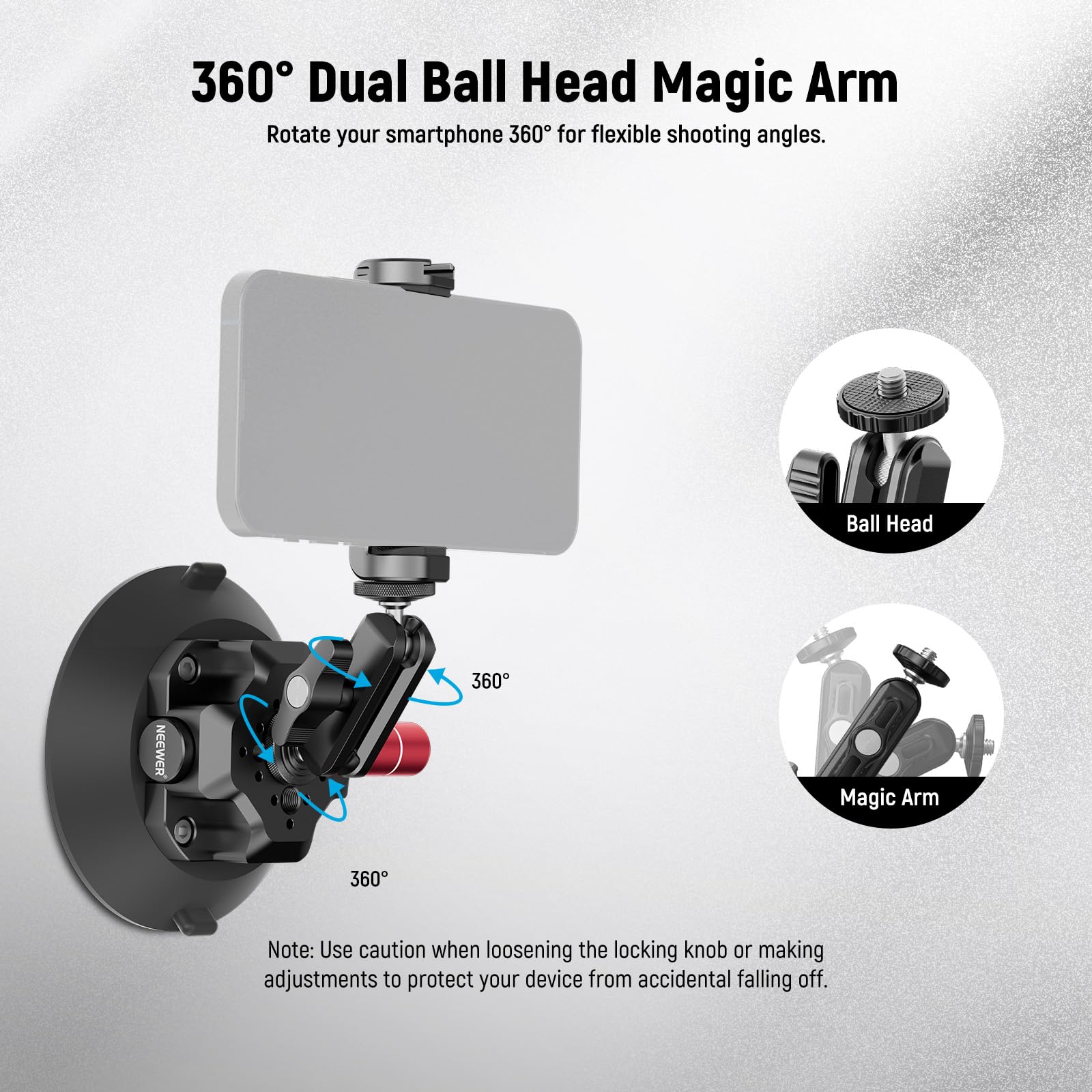 NEEWER 4.5" Suction Cup Camera Mount with Ball Head Magic Arm, 1/4" 3/8" ARRI Holes, Quick Release Car Mount with Phone Holder & Action Cam Adapter Compatible with iPhone DJI Insta360, CA105 - Image 5