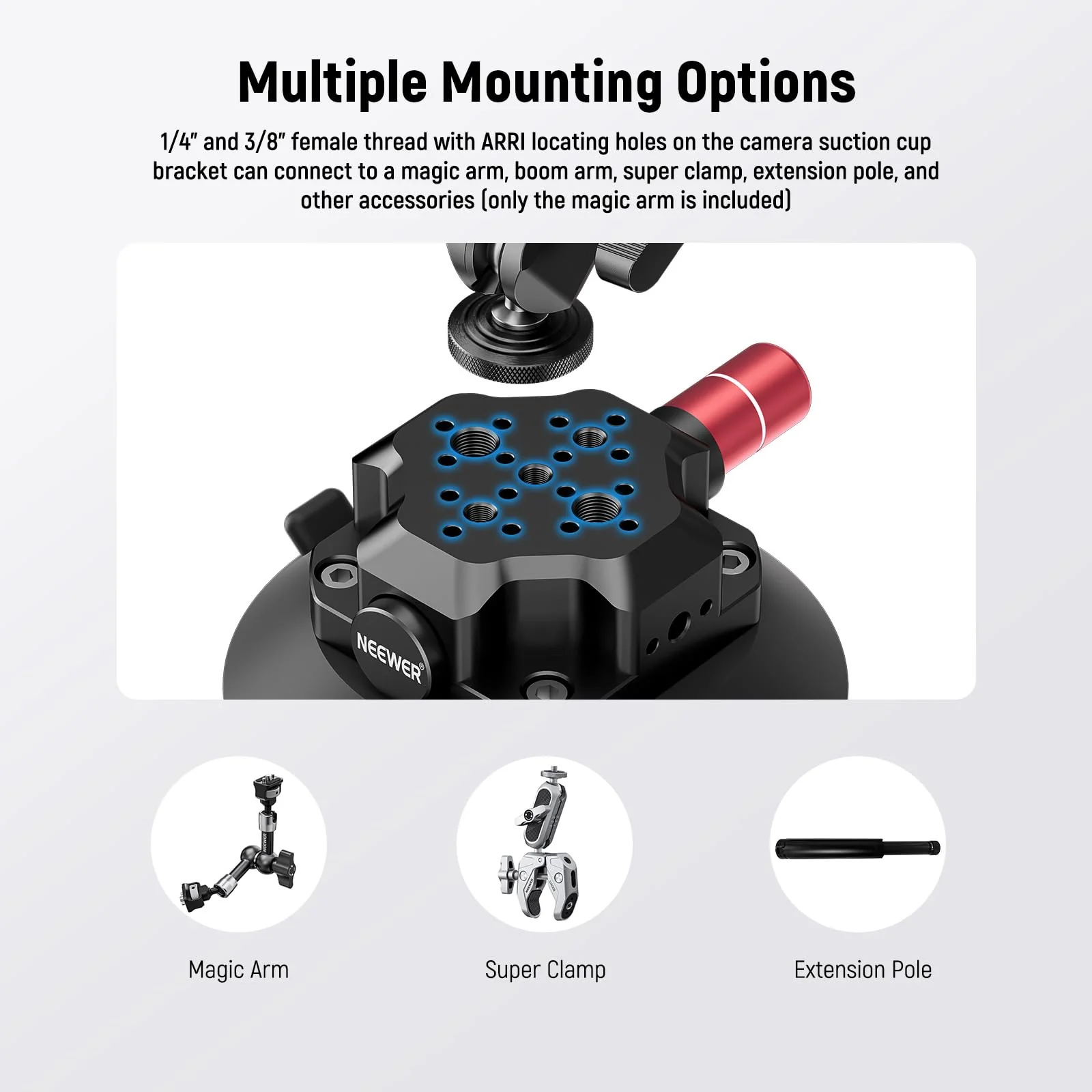 NEEWER 4.5" Suction Cup Camera Mount with Ball Head Magic Arm, 1/4" 3/8" ARRI Holes, Quick Release Car Mount with Phone Holder & Action Cam Adapter Compatible with iPhone DJI Insta360, CA105 - Image 6
