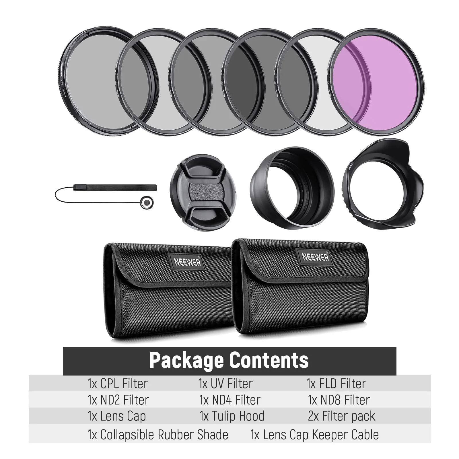 Neewer 49mm ND Lens Filter Kit: UV, CPL(Circular Polarising), FLD, ND2, ND4, ND8, Lens Hood and Lens Cap Compatible with Canon Nikon Sony Panasonic DSLR Cameras UV+CPL+FLD+ND2+ ND4+ND8 - Image 9