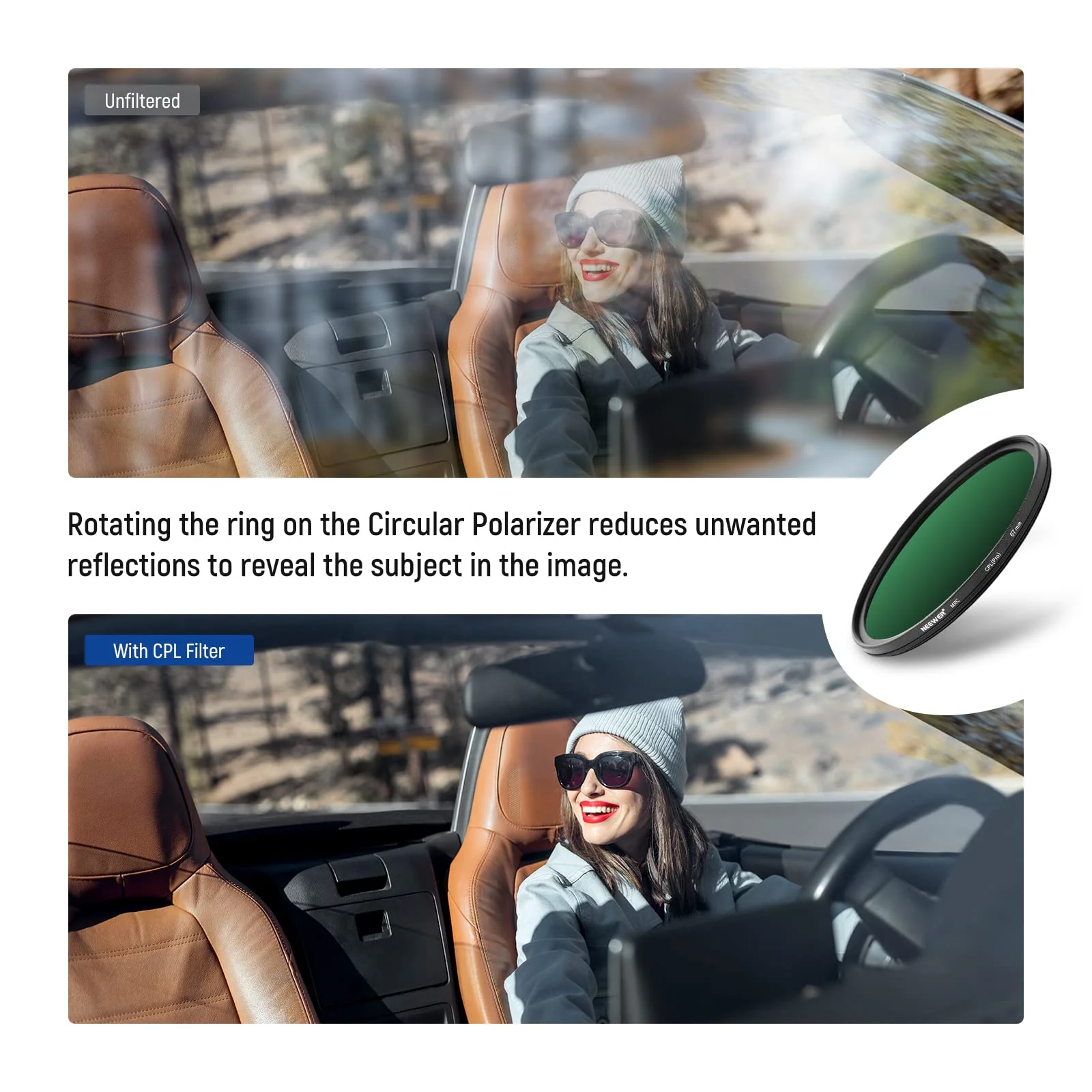 NEEWER 67mm Polarising Filter, CPL Filter with 30 Layers of Multi-Layer Polarising Film, Reduces Glare/Improves Contrast/Ultra Thin/Reduces Reflection/HD Optical Glass - Image 7