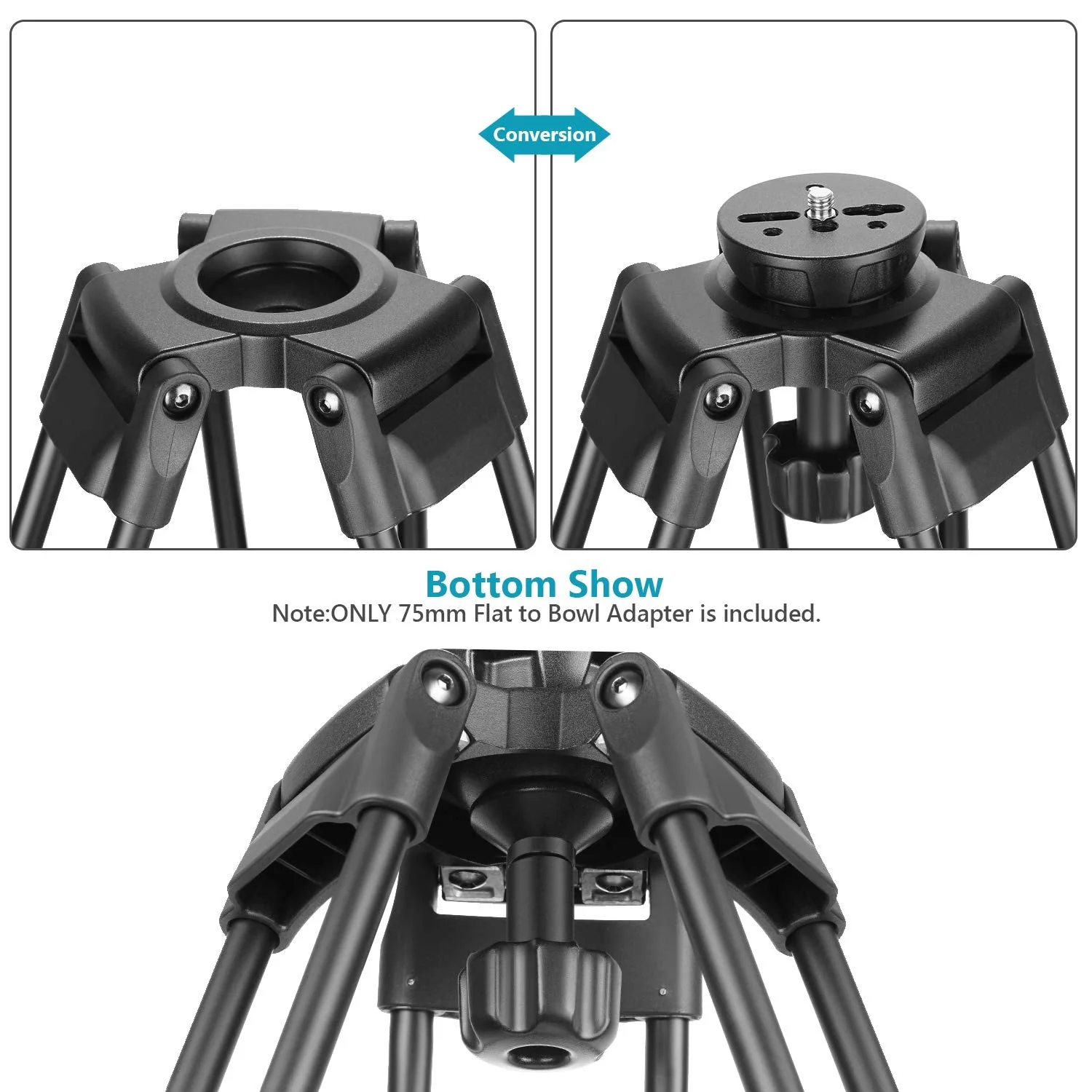 Neewer 75mm Bowl Adapter, Metal Half Ball Flat to Bowl Adapter Convert with 3/8-inch Screws Mount on Tripod and Fluid Head for Neewer TA60/2500/3500 - Image 4