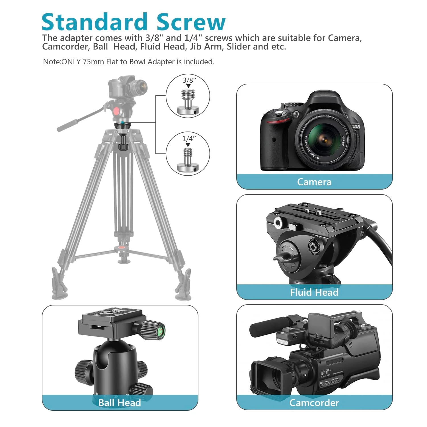 Neewer 75mm Bowl Adapter, Metal Half Ball Flat to Bowl Adapter Convert with 3/8-inch Screws Mount on Tripod and Fluid Head for Neewer TA60/2500/3500 - Image 5