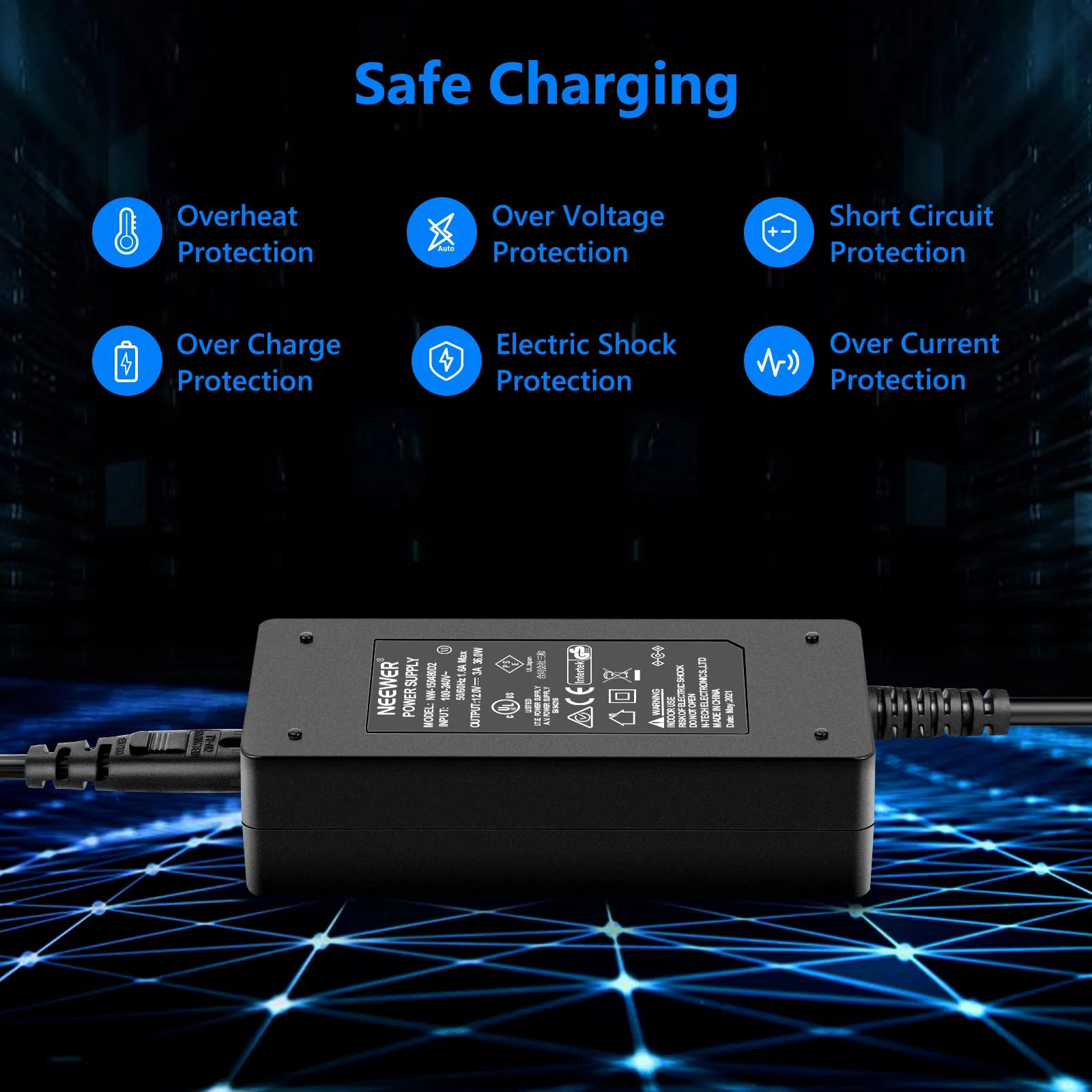 Neewer AC 100-240V to DC 12V 5A 60W Power Supply Adapter with 6.5 feet/2 Meters Power Cable Compatible with 660 960 LED Video Light and Max. 12V 5A 60W Ring Light (US Plug) - Image 6