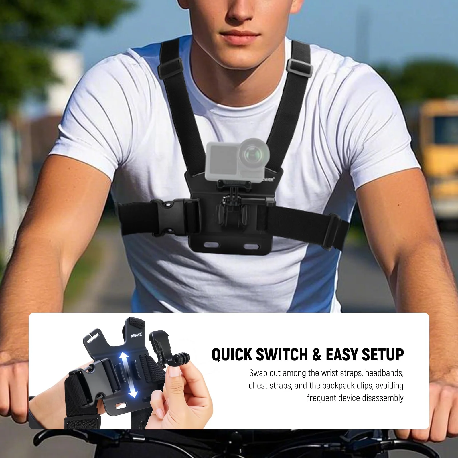 NEEWER Accessory Set Compatible with GoPro Hero Insta360 DJI AKASO Action Camera, Quick Change Head Strap Head Strap Holder, Chest Strap, Backpack Hat Clip Holder & 360° Wrist Strap for GP-75 GP-75 Accessory - Image 3