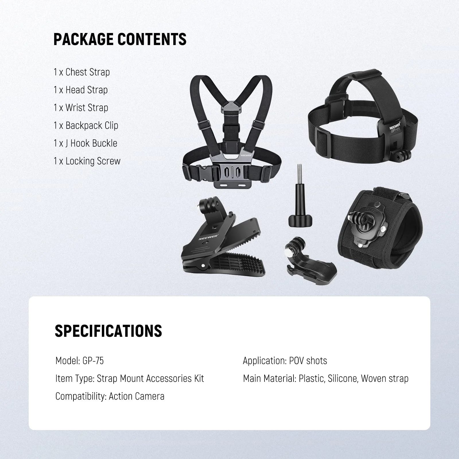 NEEWER Accessory Set Compatible with GoPro Hero Insta360 DJI AKASO Action Camera, Quick Change Head Strap Head Strap Holder, Chest Strap, Backpack Hat Clip Holder & 360° Wrist Strap for GP-75 GP-75 Accessory - Image 7