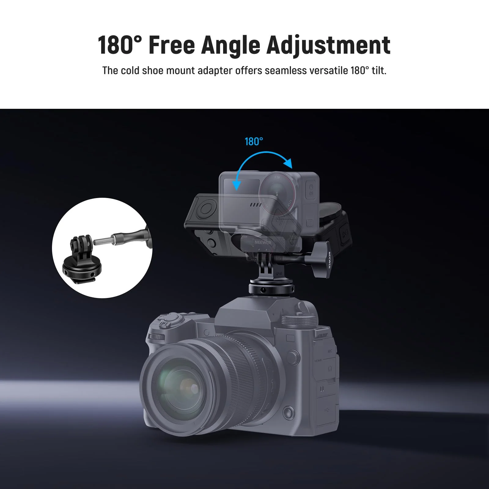 NEEWER Action Camera Cold Shoe Mount Adapter Compatible with GoPro Accessories Go Pro DJI Insta360 AKASO, Metal 1/4" Thread Hot Shoe Mount for Mini Tripod Selfie Stick, 180° Tilt, GP-63 - Image 3