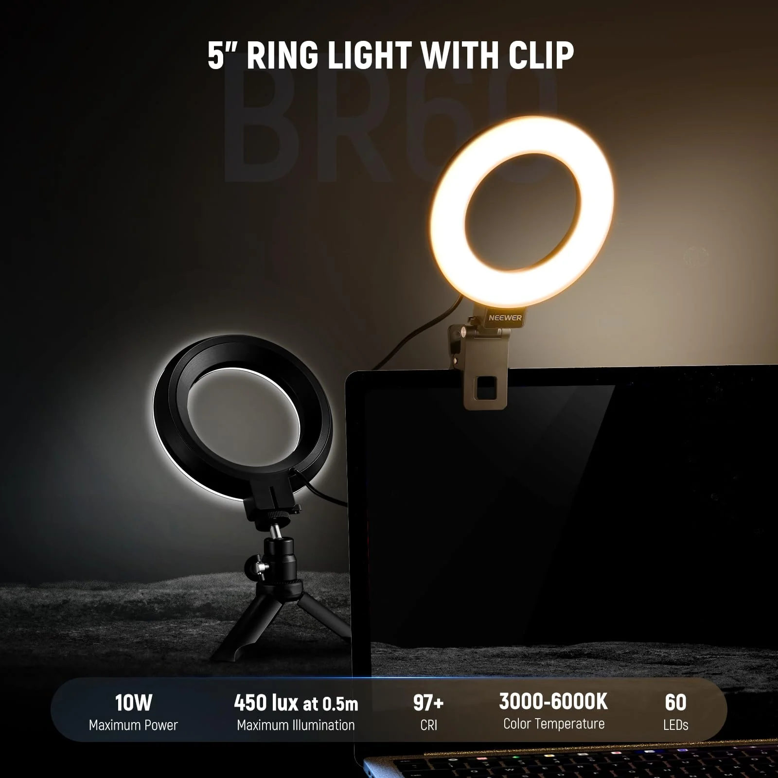 NEEWER Basic 5" Ring Light for Video Conference Lighting, Clip on Light Kit with Desk Tripod for Monitor Laptop Computer Zoom Call Live Streaming Remote Working Learning Video Recording, BR60 - Image 2