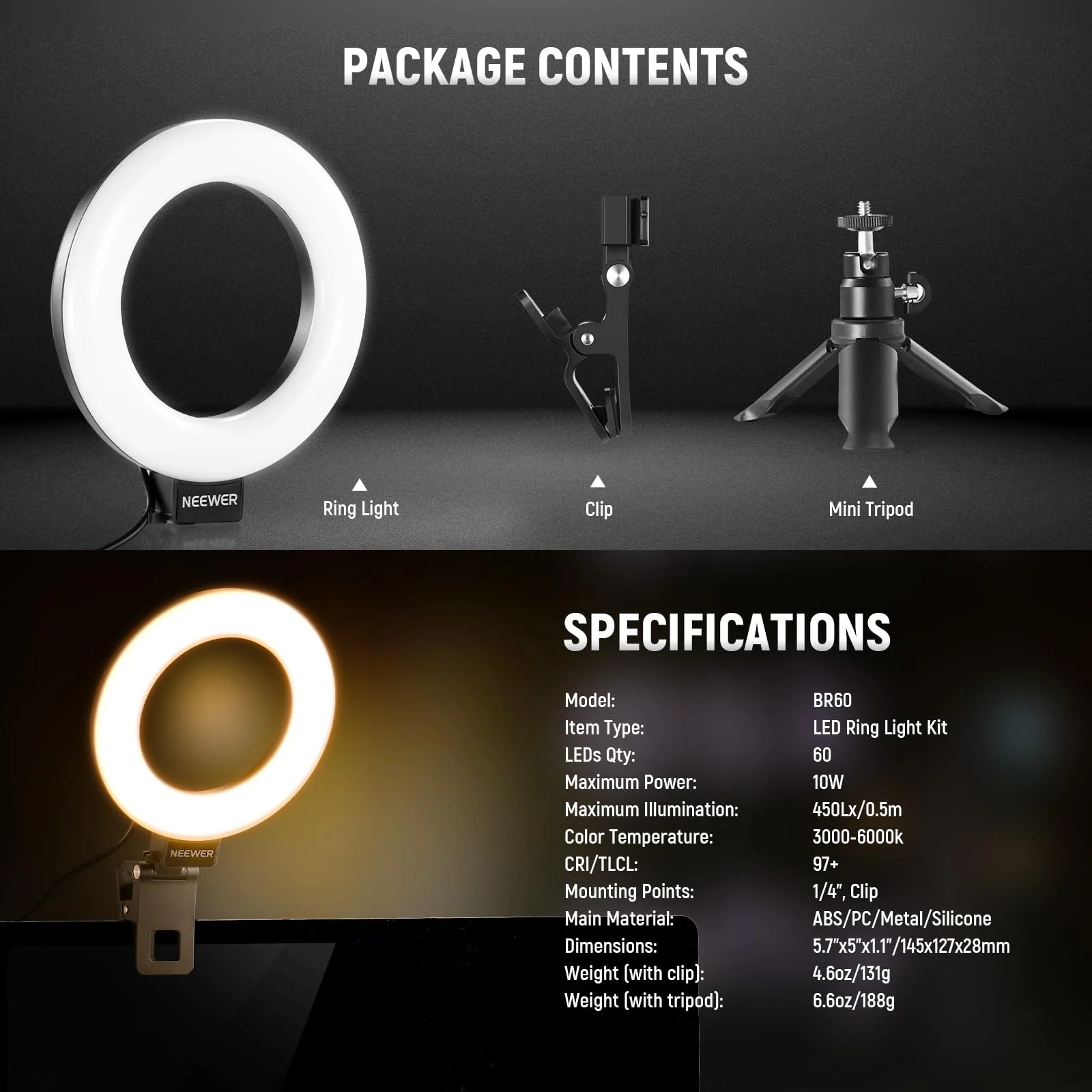 NEEWER Basic 5" Ring Light for Video Conference Lighting, Clip on Light Kit with Desk Tripod for Monitor Laptop Computer Zoom Call Live Streaming Remote Working Learning Video Recording, BR60 - Image 8