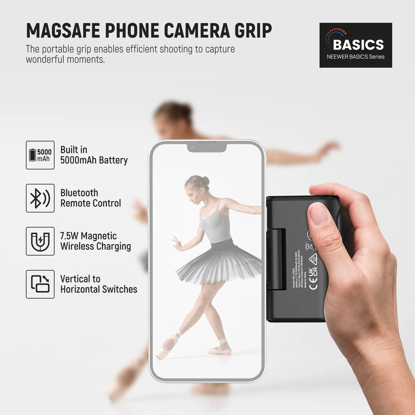 NEEWER Basics Magnetic Phone Camera Grip Handle with Shutter Remote Compatible with MagSafe iPhone ONLY, 18W Magnetic Charging, 5000mAh Rechargeable for Vlog Selfie Tripod Video Recording, WS-25001 - Image 2