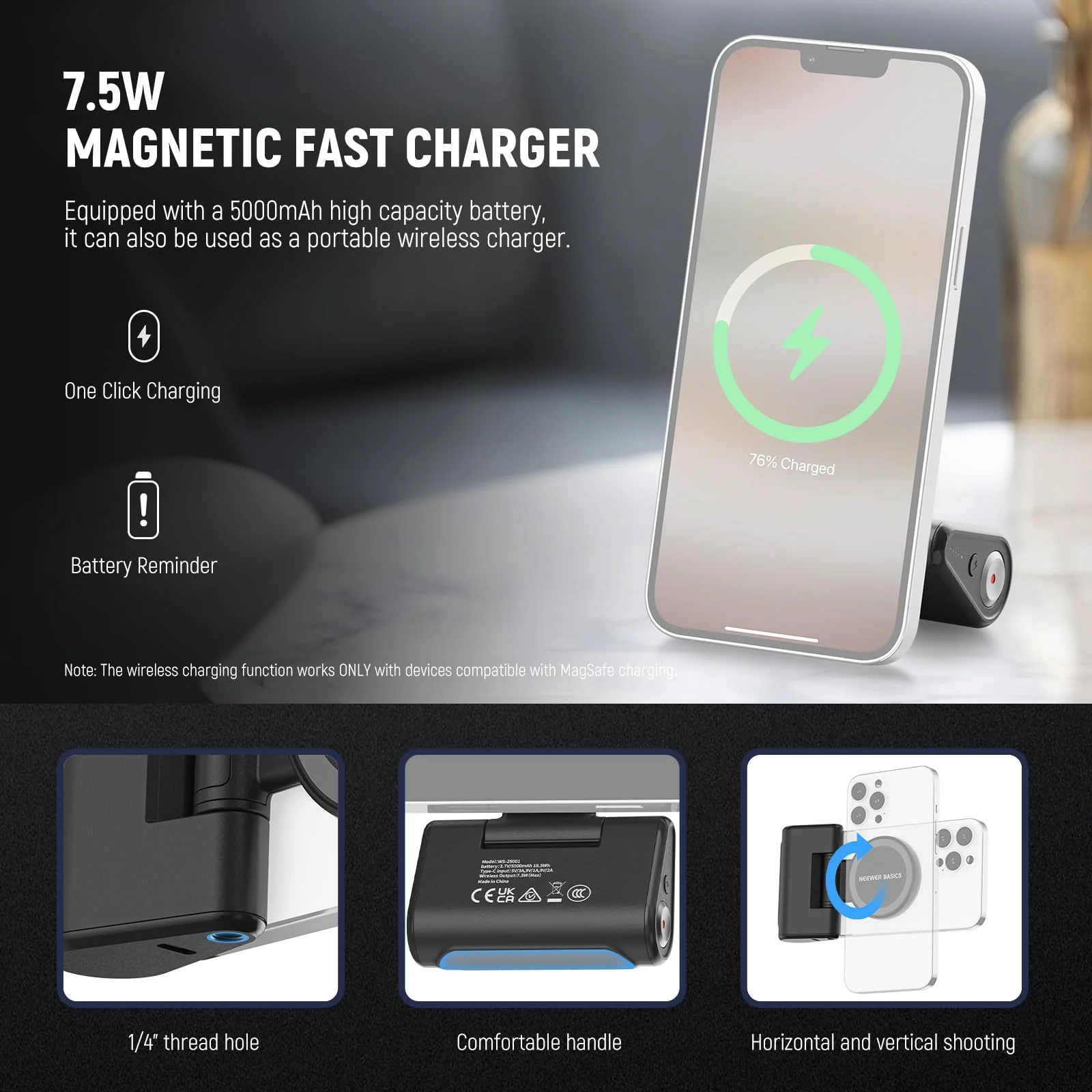 NEEWER Basics Magnetic Phone Camera Grip Handle with Shutter Remote Compatible with MagSafe iPhone ONLY, 18W Magnetic Charging, 5000mAh Rechargeable for Vlog Selfie Tripod Video Recording, WS-25001 - Image 5