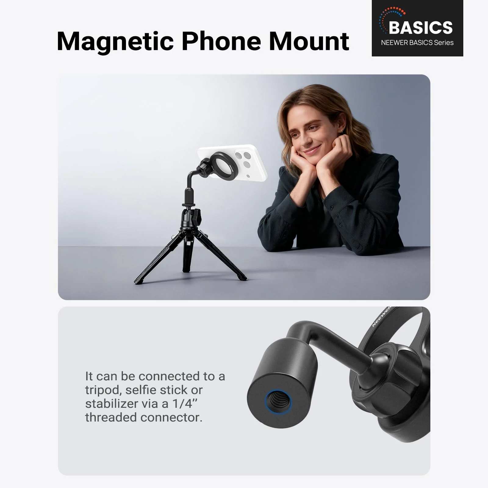 NEEWER Basics Magnetic Phone Tripod Mount Adapter, 360° Ball Head Aluminum Compact Lightweight Portable Phone Holder Attachment Compatible with MagSafe iPhone Samsung Android Video Recording, PA149 - Image 2