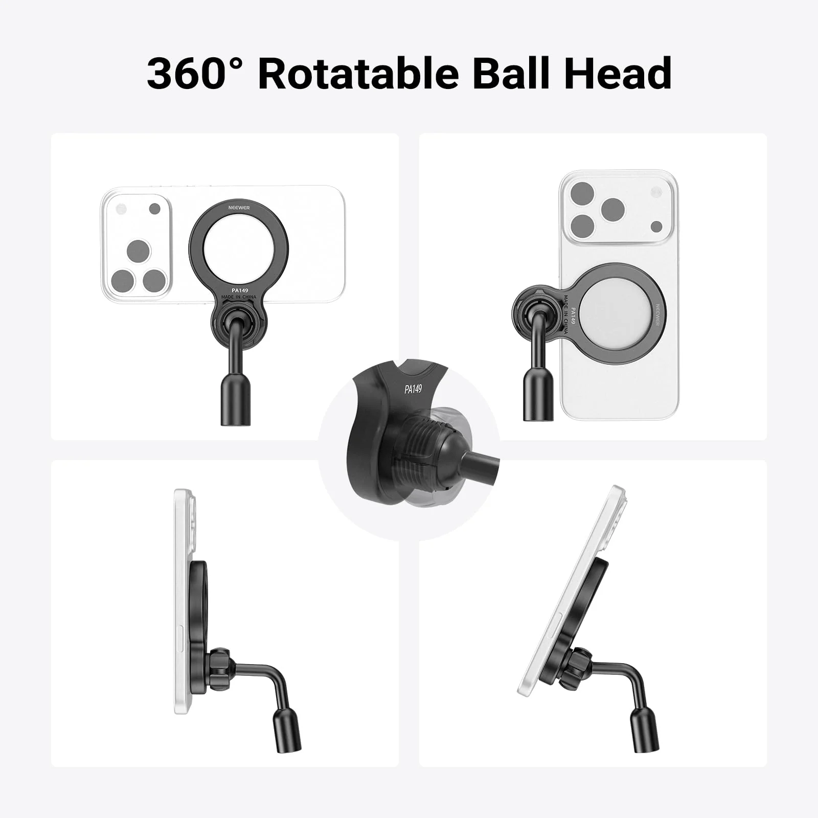 NEEWER Basics Magnetic Phone Tripod Mount Adapter, 360° Ball Head Aluminum Compact Lightweight Portable Phone Holder Attachment Compatible with MagSafe iPhone Samsung Android Video Recording, PA149 - Image 5