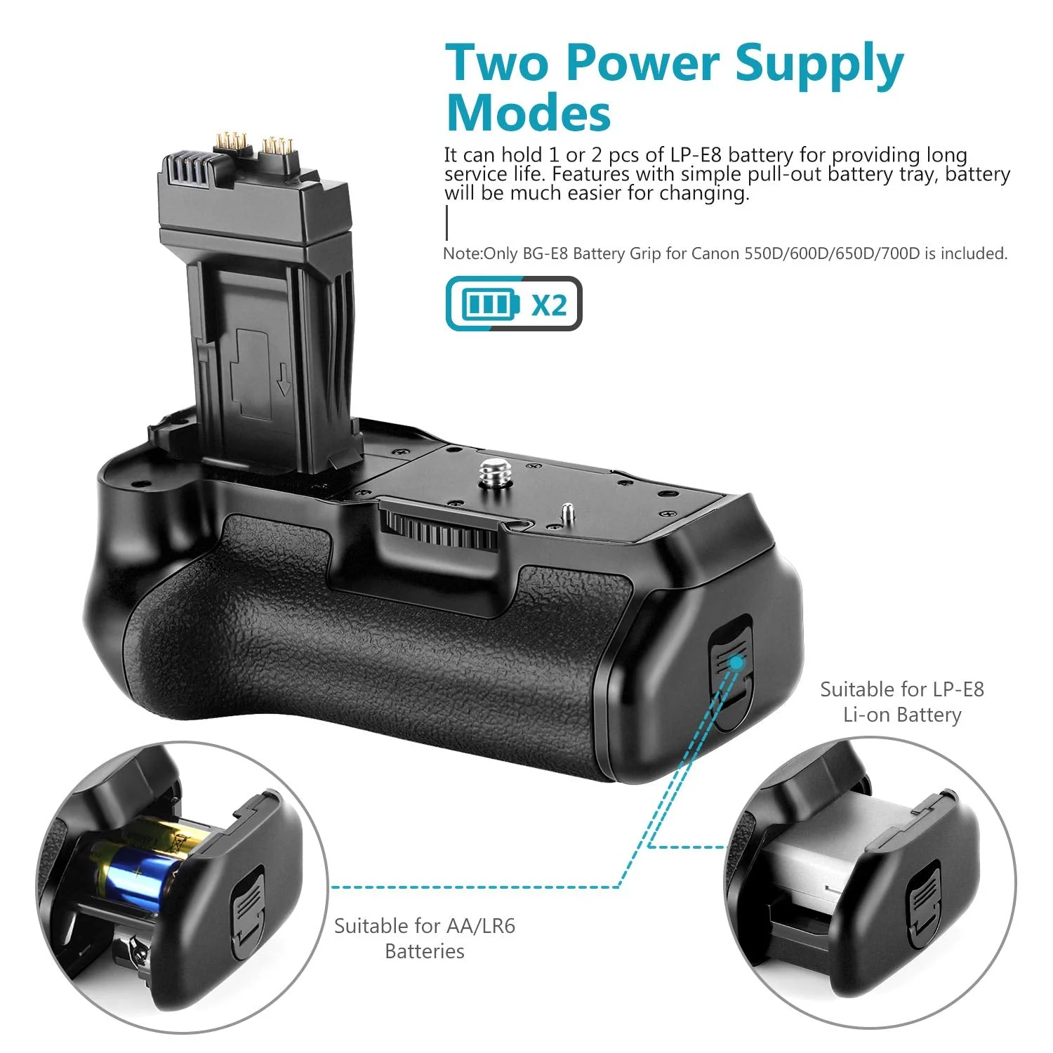 Neewer BG-E8 Replacement Battery Grip for Canon EOS 550D 600D 650D 700D/ Rebel T2i T3i T4i T5i SLR Cameras Standard Packaging - Image 3