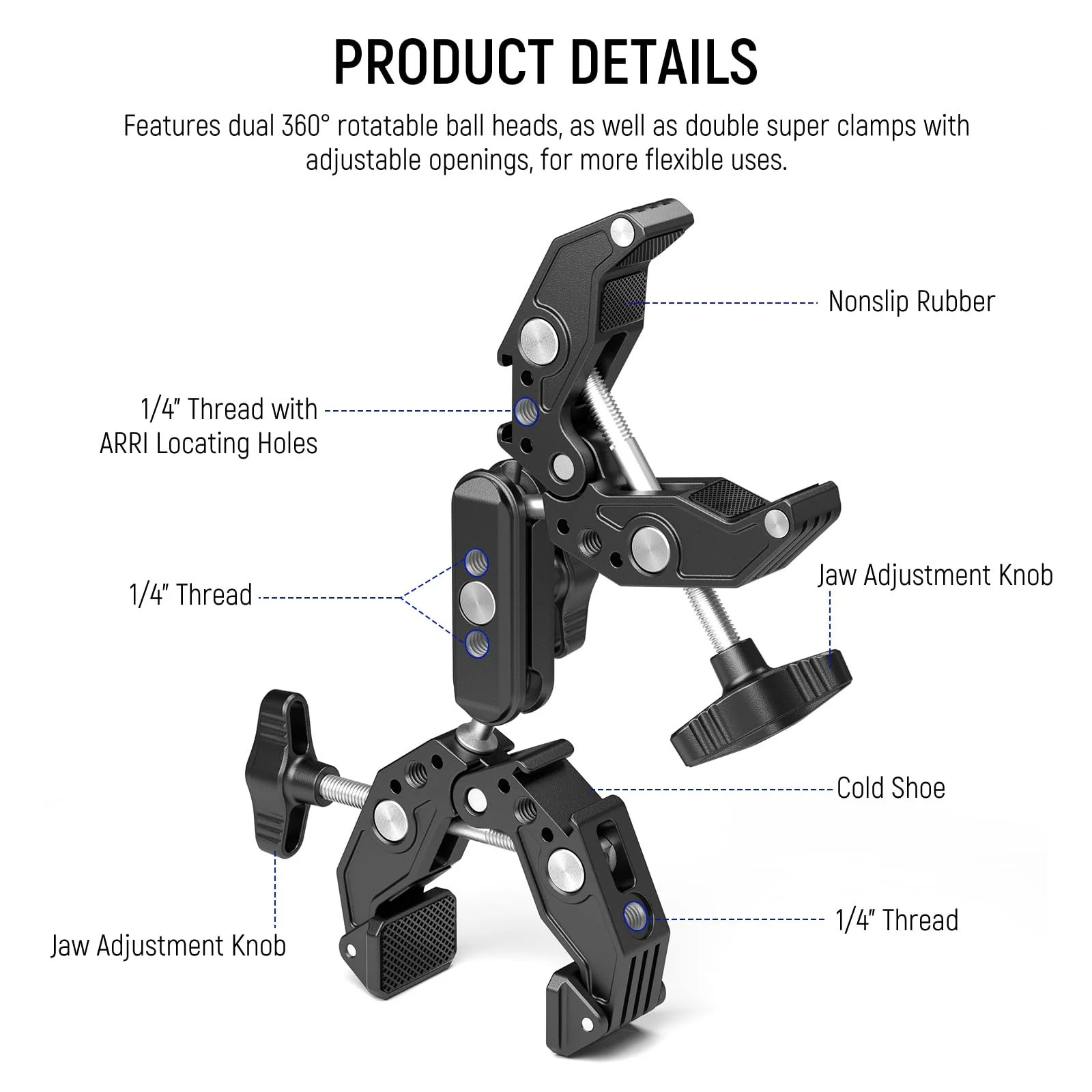 NEEWER Double Super Clamp with Magic Arm, Cleaning Cloth, Umbrella Camera Pole Clamp Mount for Desk Photo Studio Light Stand, Reflector, Scrim, Cross Bar, Motorcycle, Photography Accessories, UA036 - Image 2