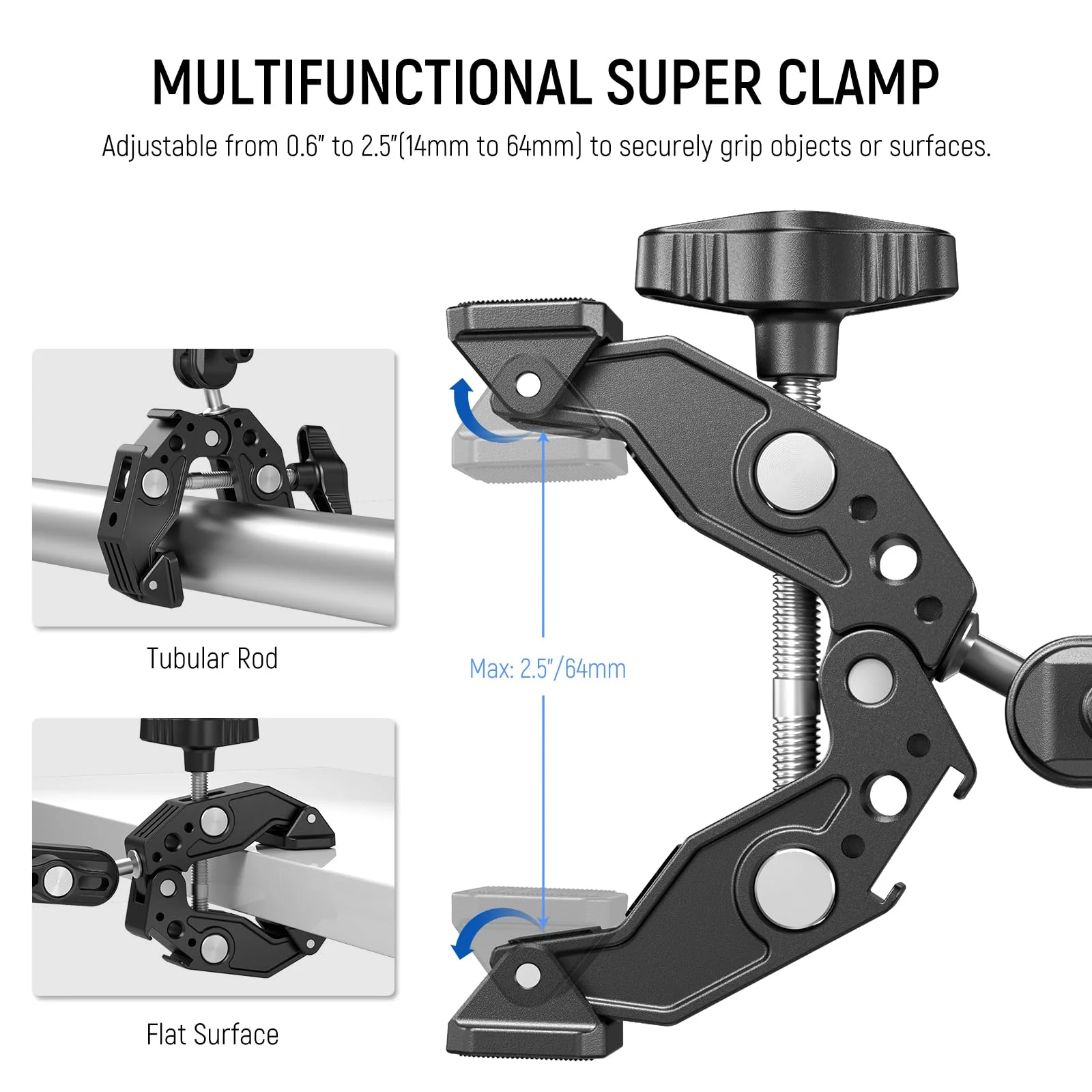 NEEWER Double Super Clamp with Magic Arm, Cleaning Cloth, Umbrella Camera Pole Clamp Mount for Desk Photo Studio Light Stand, Reflector, Scrim, Cross Bar, Motorcycle, Photography Accessories, UA036 - Image 3