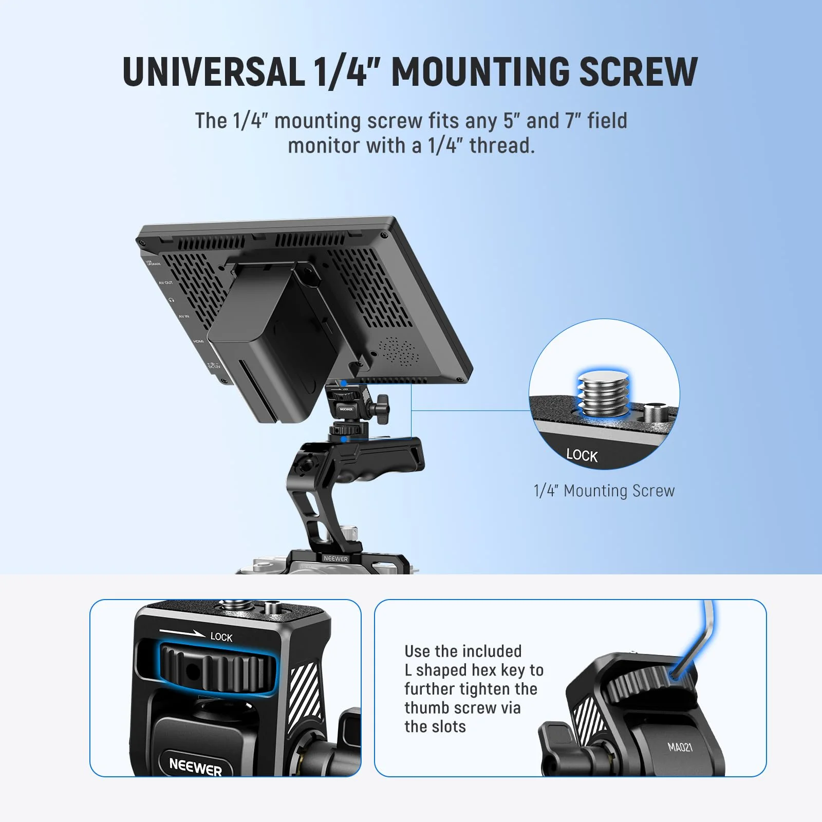 NEEWER Field Monitor Mount Monitor Holder with 1/4" Screw, 360° Swivel, 180° Tilt, Anti Twist Screw Compatible with Atomos Ninja 5" & 7" Camera Monitor Compatible with SmallRig Camera Cage, MA021 MA021 w/1/4" Screw - Image 3