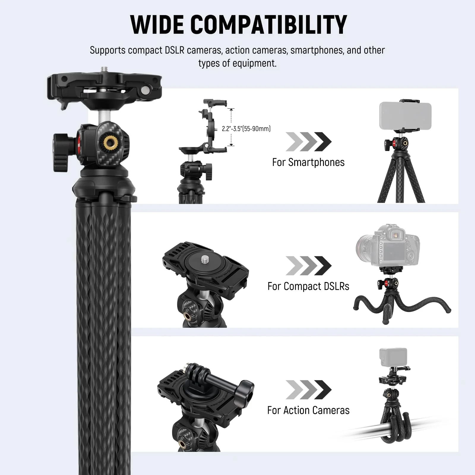NEEWER Flexible Tripod with Remote, Mini Camera Phone Tripod Stand with Hidden Phone Holder&Action Camera Adapter Compatible with iPhone GoPro Hero13 12 11 10 DJI Insta360 Samsung for Vlogging, TP34 - Image 5