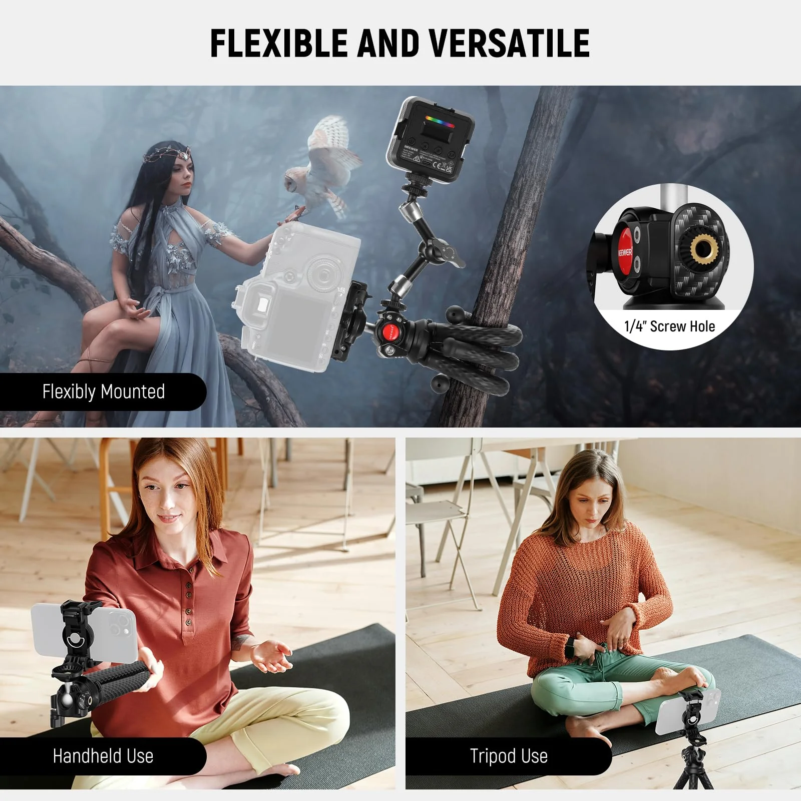 NEEWER Flexible Tripod with Remote, Mini Camera Phone Tripod Stand with Hidden Phone Holder&Action Camera Adapter Compatible with iPhone GoPro Hero13 12 11 10 DJI Insta360 Samsung for Vlogging, TP34 - Image 8