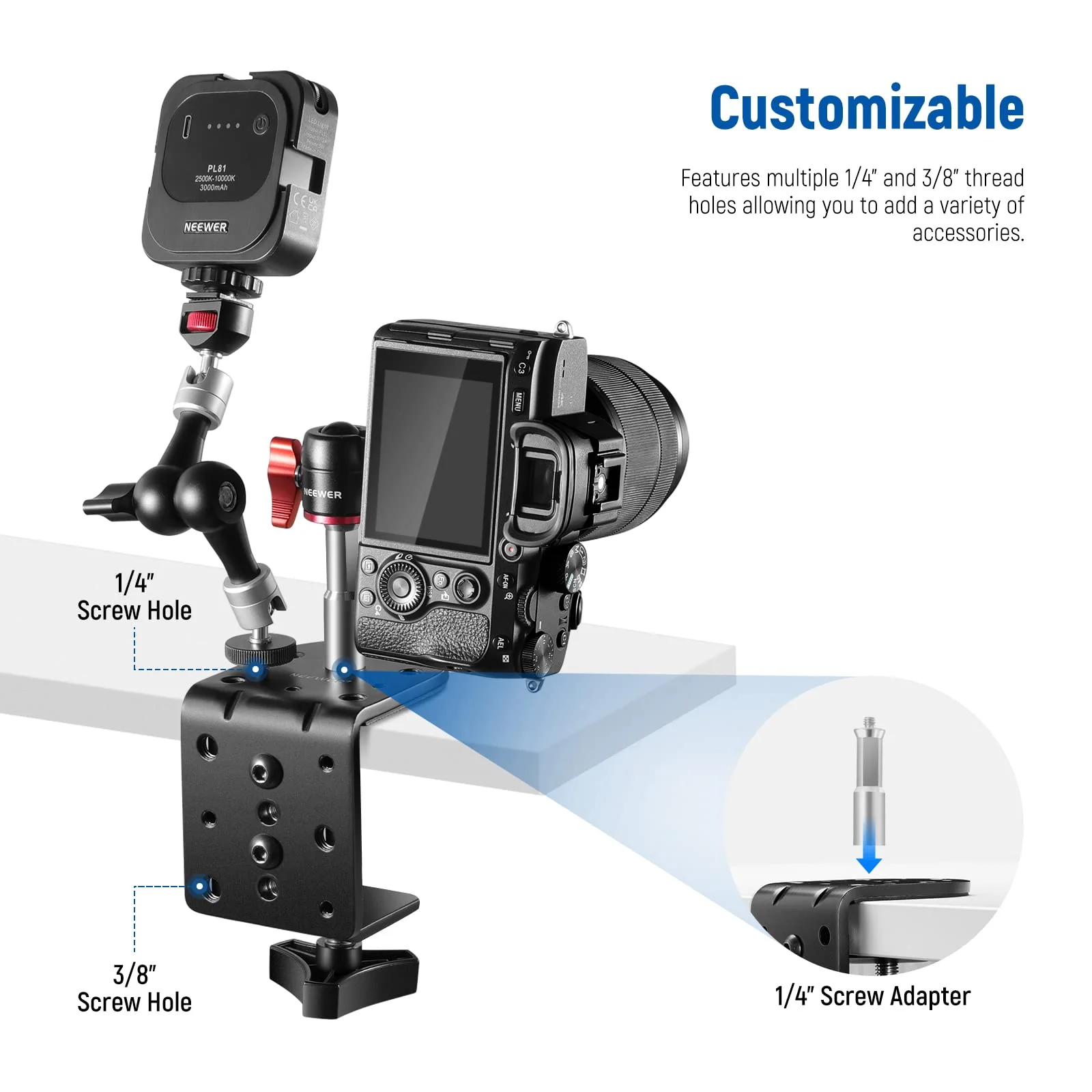 NEEWER Heavy Duty C Clamp with Mounting Column for Light Stand, Adjustable Metal Desk Clamp with 1/4" 3/8" Screws for Ring Light LED Video Light Camera, Max Load 44lb/20kg, ST-CCD1 1 Pack - Image 2