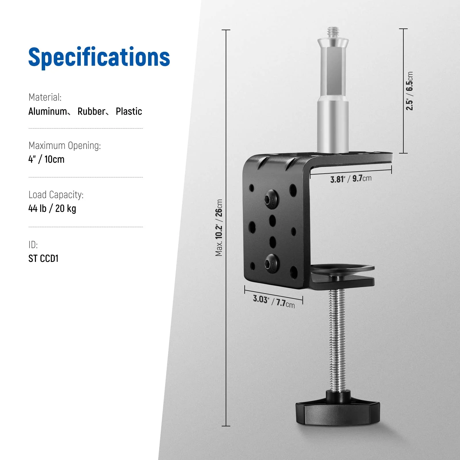 NEEWER Heavy Duty C Clamp with Mounting Column for Light Stand, Adjustable Metal Desk Clamp with 1/4" 3/8" Screws for Ring Light LED Video Light Camera, Max Load 44lb/20kg, ST-CCD1 1 Pack - Image 3