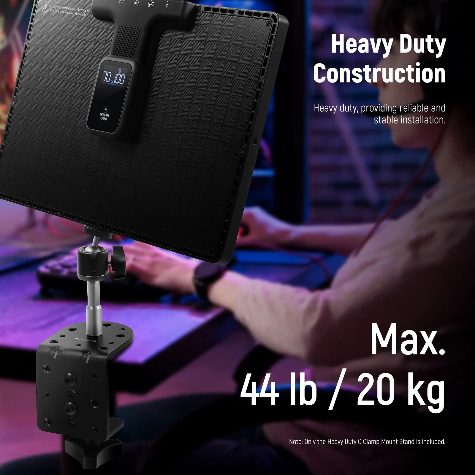 NEEWER Heavy Duty C Clamp with Mounting Column for Light Stand, Adjustable Metal Desk Clamp with 1/4" 3/8" Screws for Ring Light LED Video Light Camera, Max Load 44lb/20kg, ST-CCD1 1 Pack - Image 5