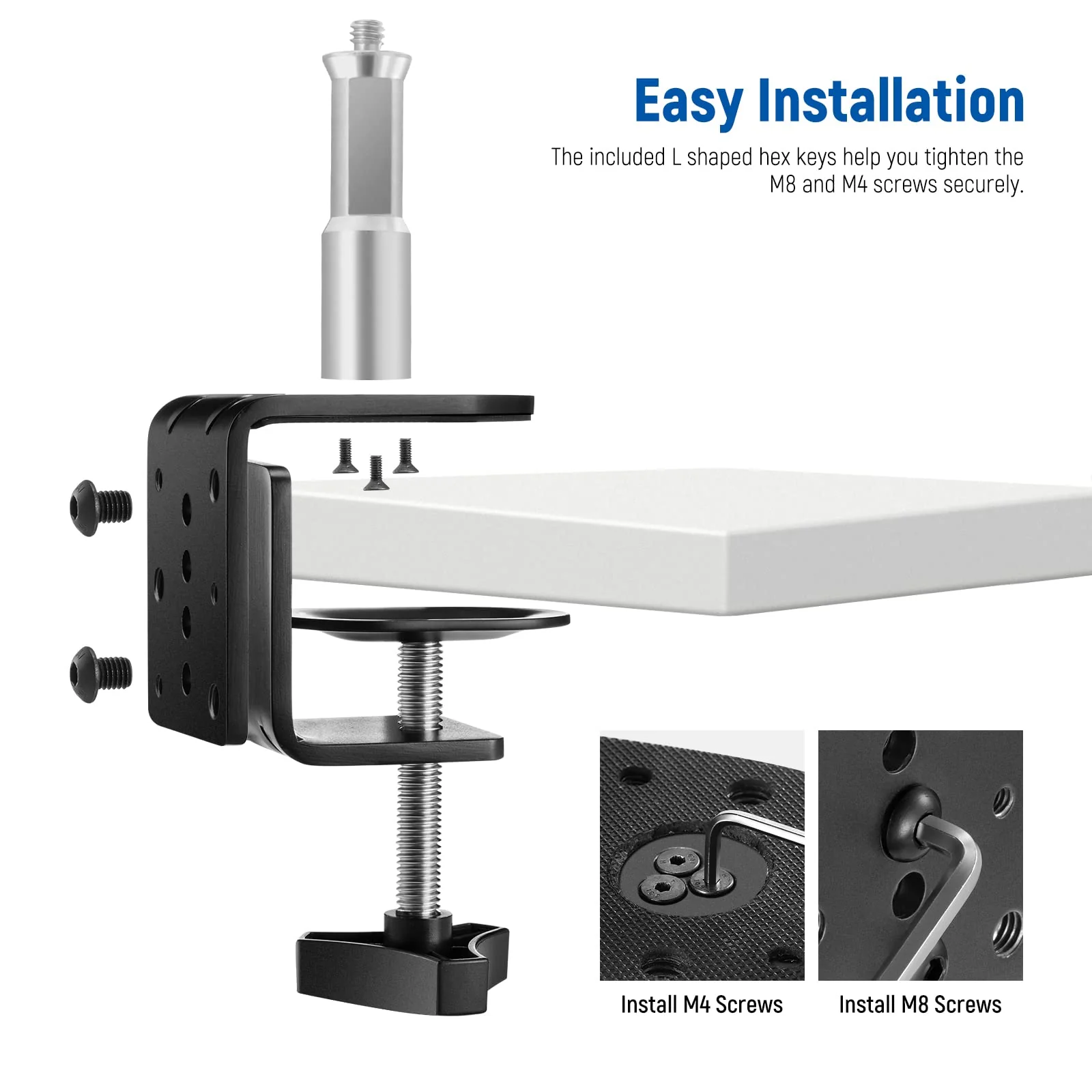 NEEWER Heavy Duty C Clamp with Mounting Column for Light Stand, Adjustable Metal Desk Clamp with 1/4" 3/8" Screws for Ring Light LED Video Light Camera, Max Load 44lb/20kg, ST-CCD1 1 Pack - Image 6