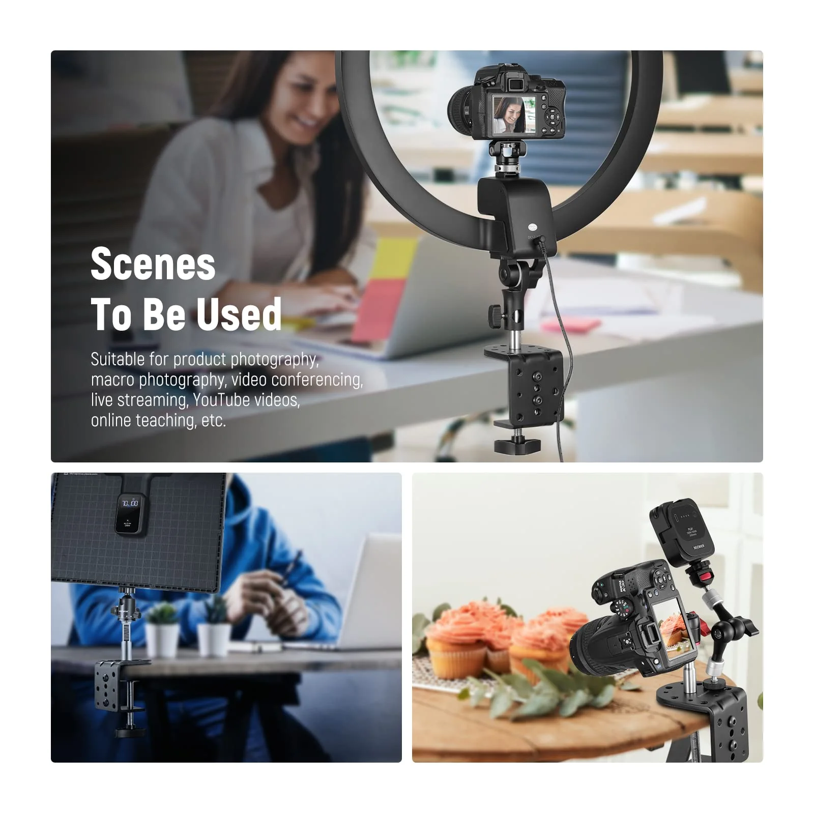 NEEWER Heavy Duty C Clamp with Mounting Column for Light Stand, Adjustable Metal Desk Clamp with 1/4" 3/8" Screws for Ring Light LED Video Light Camera, Max Load 44lb/20kg, ST-CCD1 1 Pack - Image 9