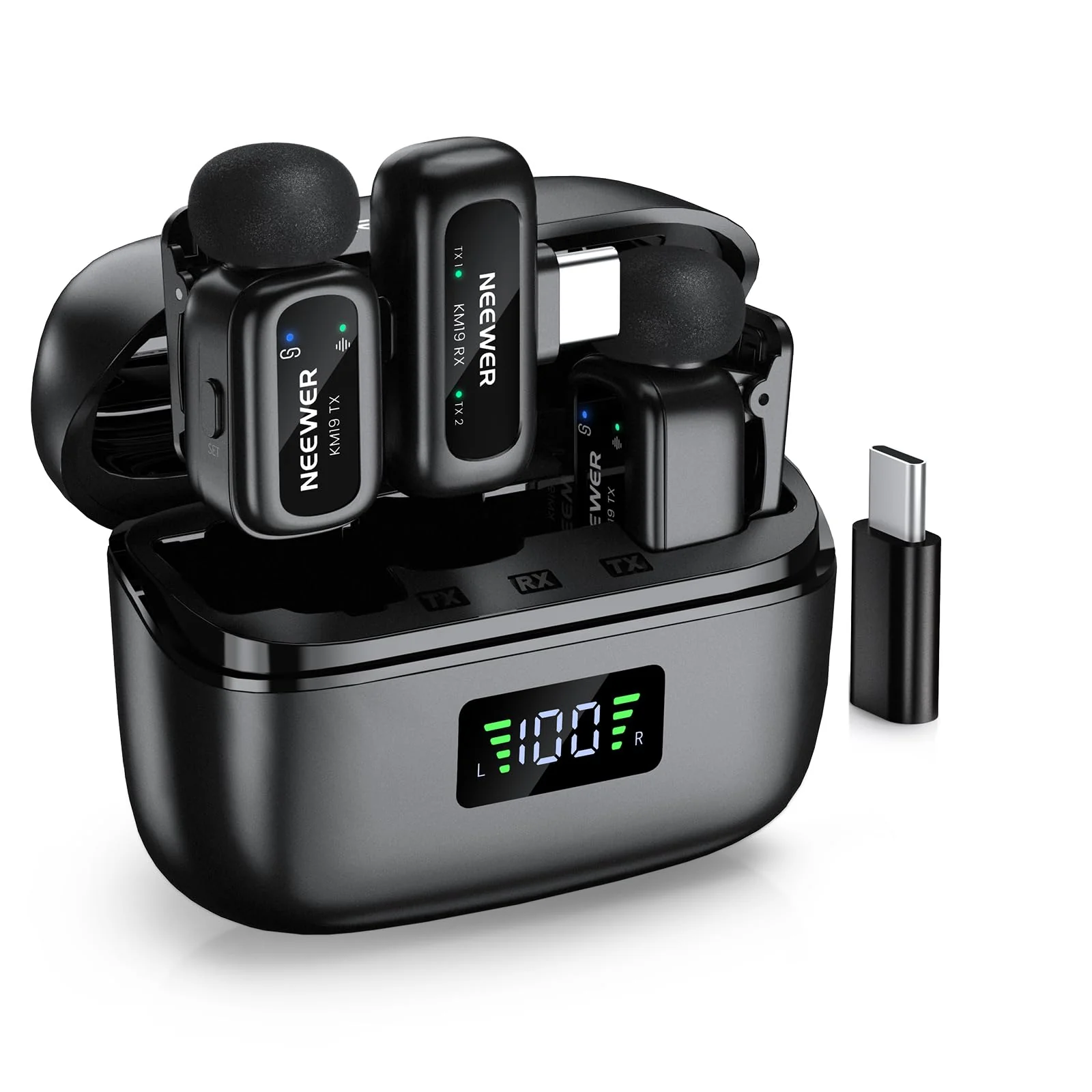 NEEWER KM19 Lightweight Wireless Lapel Microphone, 48kHz/24bit 30H Battery 3-Level Noise Cancelling Mute Stereo 100m Range Mini Lav Mic with App Control, Compatible with iPhone Android Phone PC