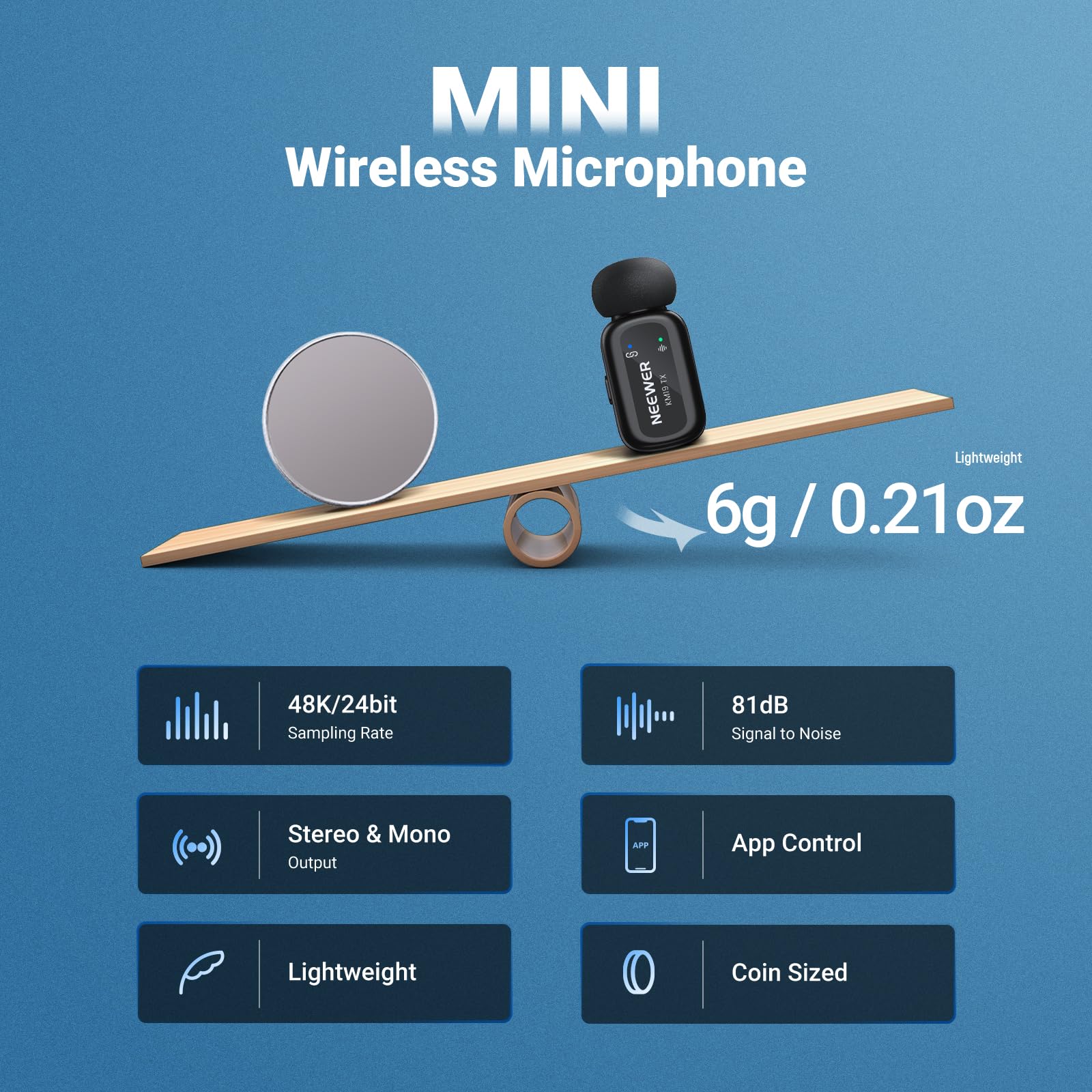 NEEWER KM19 Lightweight Wireless Lapel Microphone, 48kHz/24bit 30H Battery 3-Level Noise Cancelling Mute Stereo 100m Range Mini Lav Mic with App Control, Compatible with iPhone Android Phone PC - Image 2