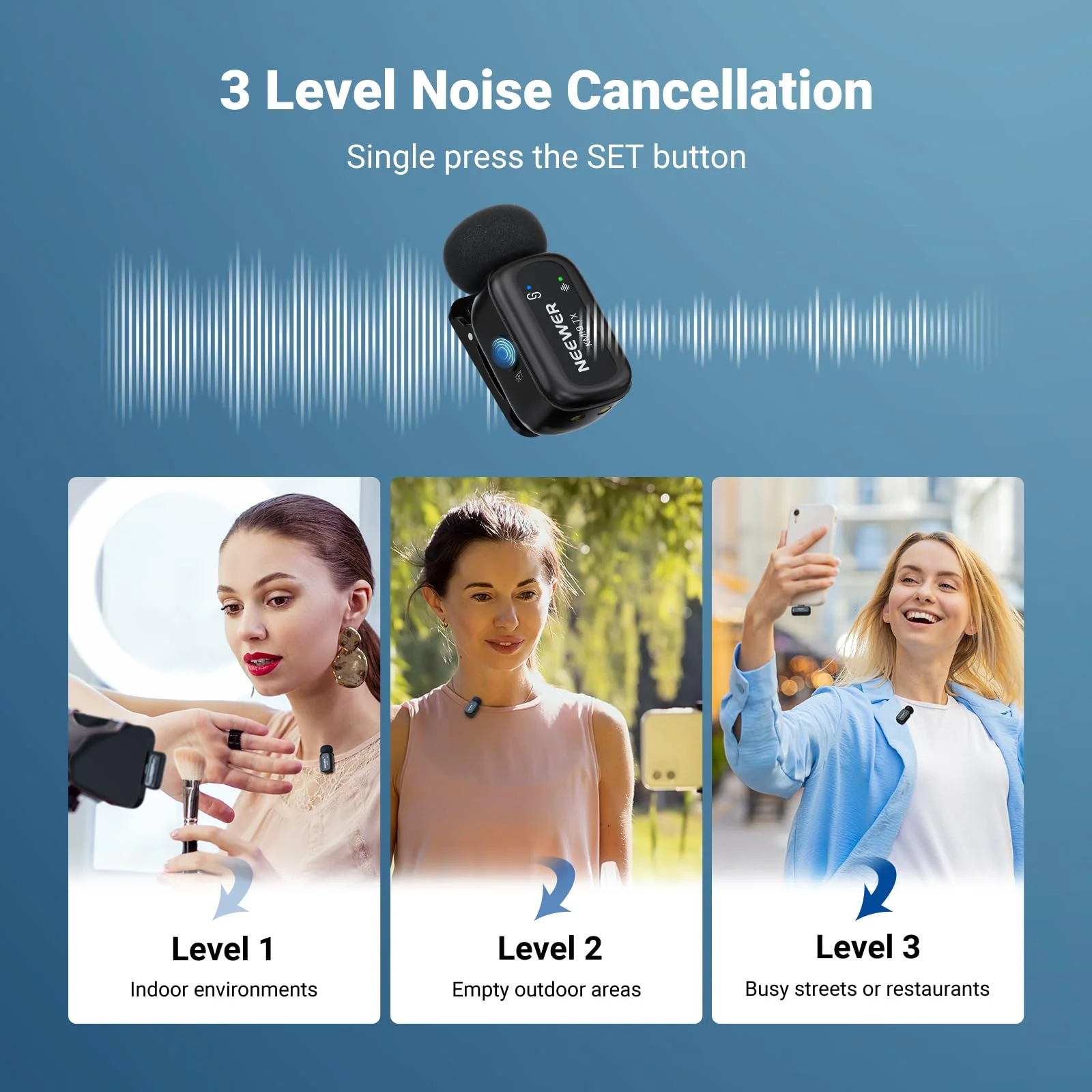 NEEWER KM19 Lightweight Wireless Lapel Microphone, 48kHz/24bit 30H Battery 3-Level Noise Cancelling Mute Stereo 100m Range Mini Lav Mic with App Control, Compatible with iPhone Android Phone PC - Image 3