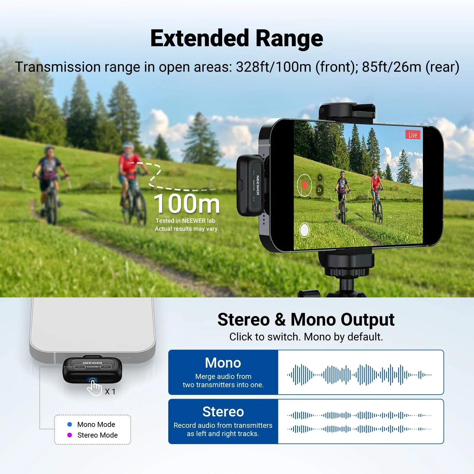 NEEWER KM19 Lightweight Wireless Lapel Microphone, 48kHz/24bit 30H Battery 3-Level Noise Cancelling Mute Stereo 100m Range Mini Lav Mic with App Control, Compatible with iPhone Android Phone PC - Image 4