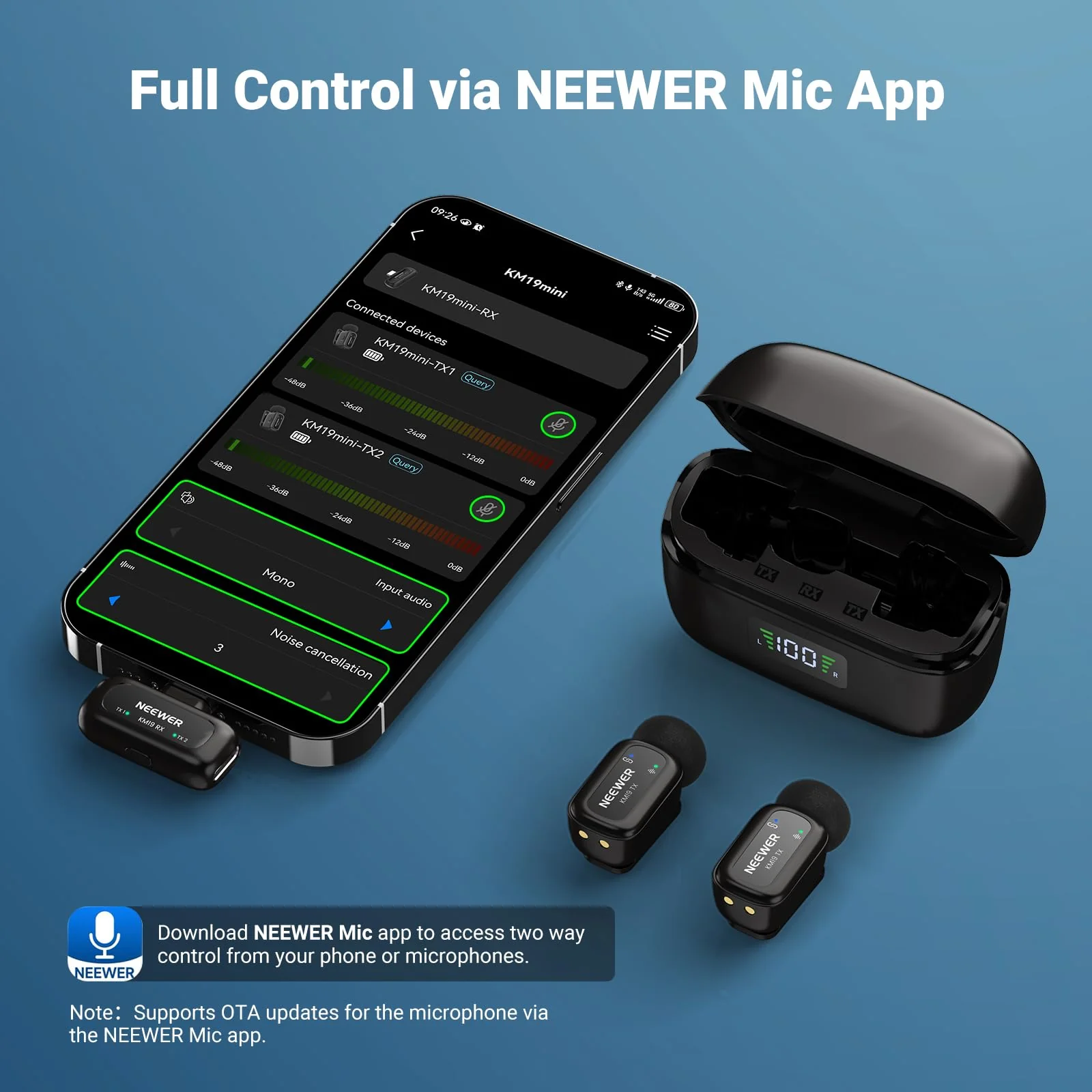 NEEWER KM19 Lightweight Wireless Lapel Microphone, 48kHz/24bit 30H Battery 3-Level Noise Cancelling Mute Stereo 100m Range Mini Lav Mic with App Control, Compatible with iPhone Android Phone PC - Image 5