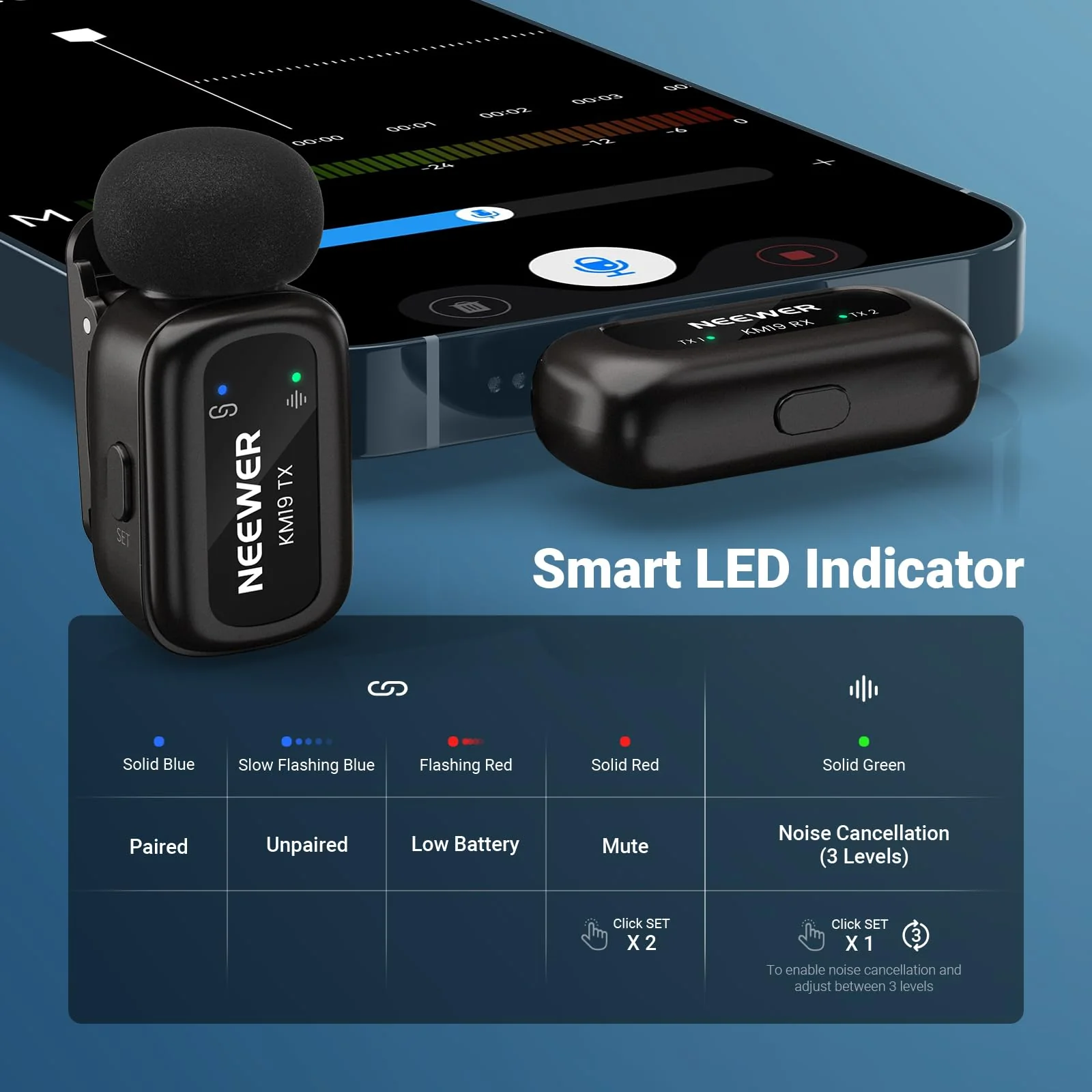 NEEWER KM19 Lightweight Wireless Lapel Microphone, 48kHz/24bit 30H Battery 3-Level Noise Cancelling Mute Stereo 100m Range Mini Lav Mic with App Control, Compatible with iPhone Android Phone PC - Image 6