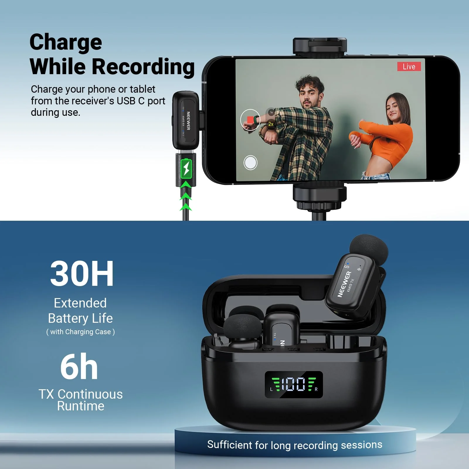 NEEWER KM19 Lightweight Wireless Lapel Microphone, 48kHz/24bit 30H Battery 3-Level Noise Cancelling Mute Stereo 100m Range Mini Lav Mic with App Control, Compatible with iPhone Android Phone PC - Image 7