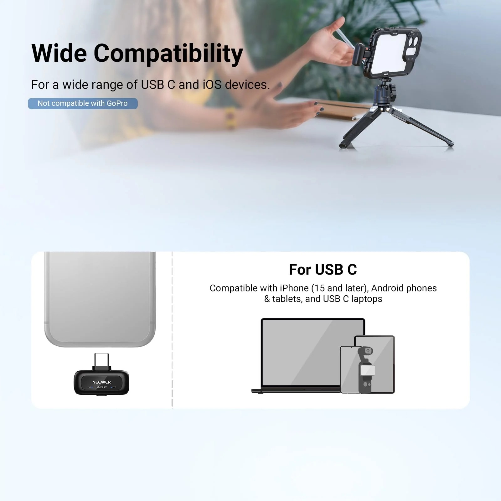 NEEWER KM19 Lightweight Wireless Lapel Microphone, 48kHz/24bit 30H Battery 3-Level Noise Cancelling Mute Stereo 100m Range Mini Lav Mic with App Control, Compatible with iPhone Android Phone PC - Image 8