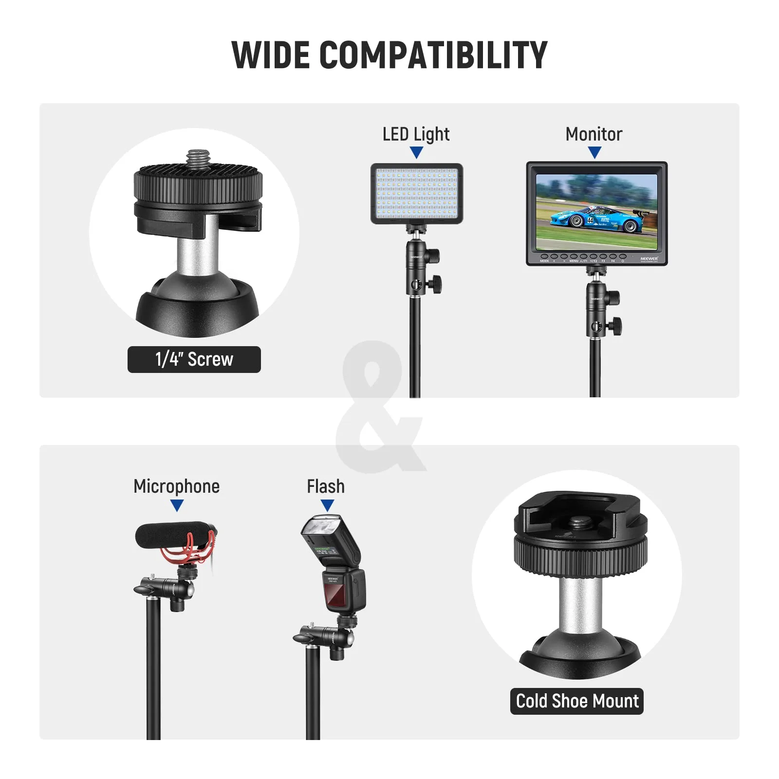 NEEWER Light Stand Mount Adapter with Cold Shoe and 1/4” Screw Mini Ball Head, Reversible Mounting Plate for Camera Monitor Ring Light, Fits Flat Head Light Stand/Boom arm/C Stand, Max. Load 22lb/10kg ST-GM06 - Image 3