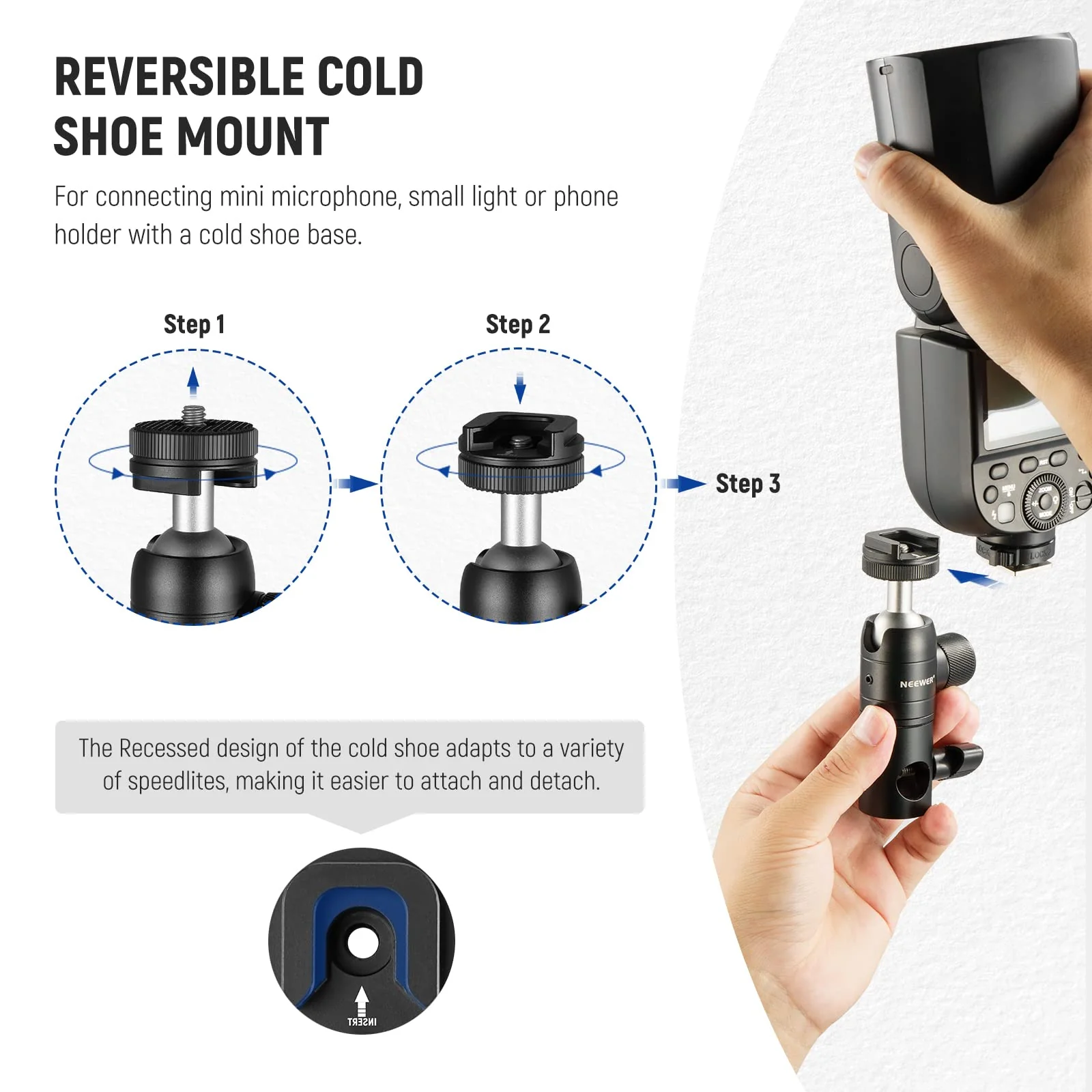 NEEWER Light Stand Mount Adapter with Cold Shoe and 1/4” Screw Mini Ball Head, Reversible Mounting Plate for Camera Monitor Ring Light, Fits Flat Head Light Stand/Boom arm/C Stand, Max. Load 22lb/10kg ST-GM06 - Image 5
