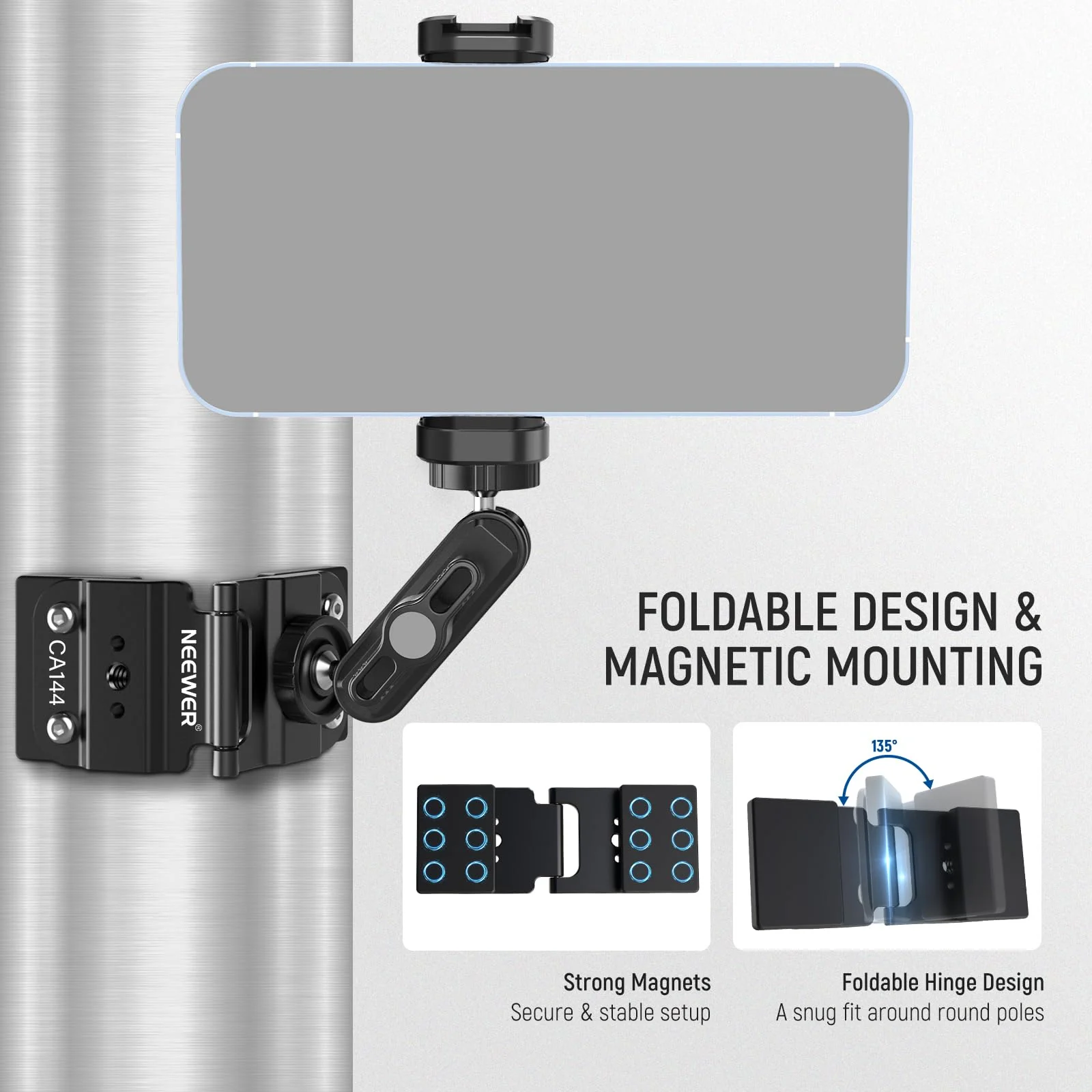 NEEWER Magnetic Fence Mount Compatible with Mevo Start Pocket Radar GoPro Insta360 DJI, Dual Mounting Kit Compatible with Gamechanger App for Baseball Live Streaming, Metal Camera Post Mount, CA144 - Image 4