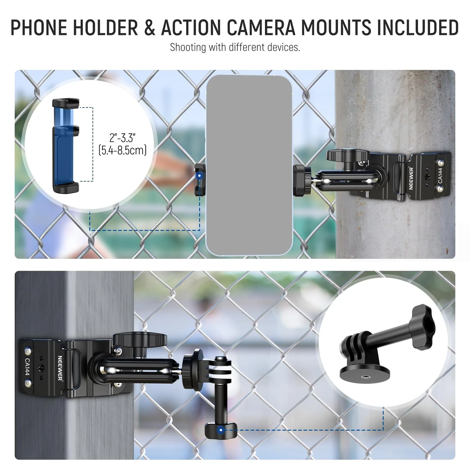 NEEWER Magnetic Fence Mount Compatible with Mevo Start Pocket Radar GoPro Insta360 DJI, Dual Mounting Kit Compatible with Gamechanger App for Baseball Live Streaming, Metal Camera Post Mount, CA144 - Image 6