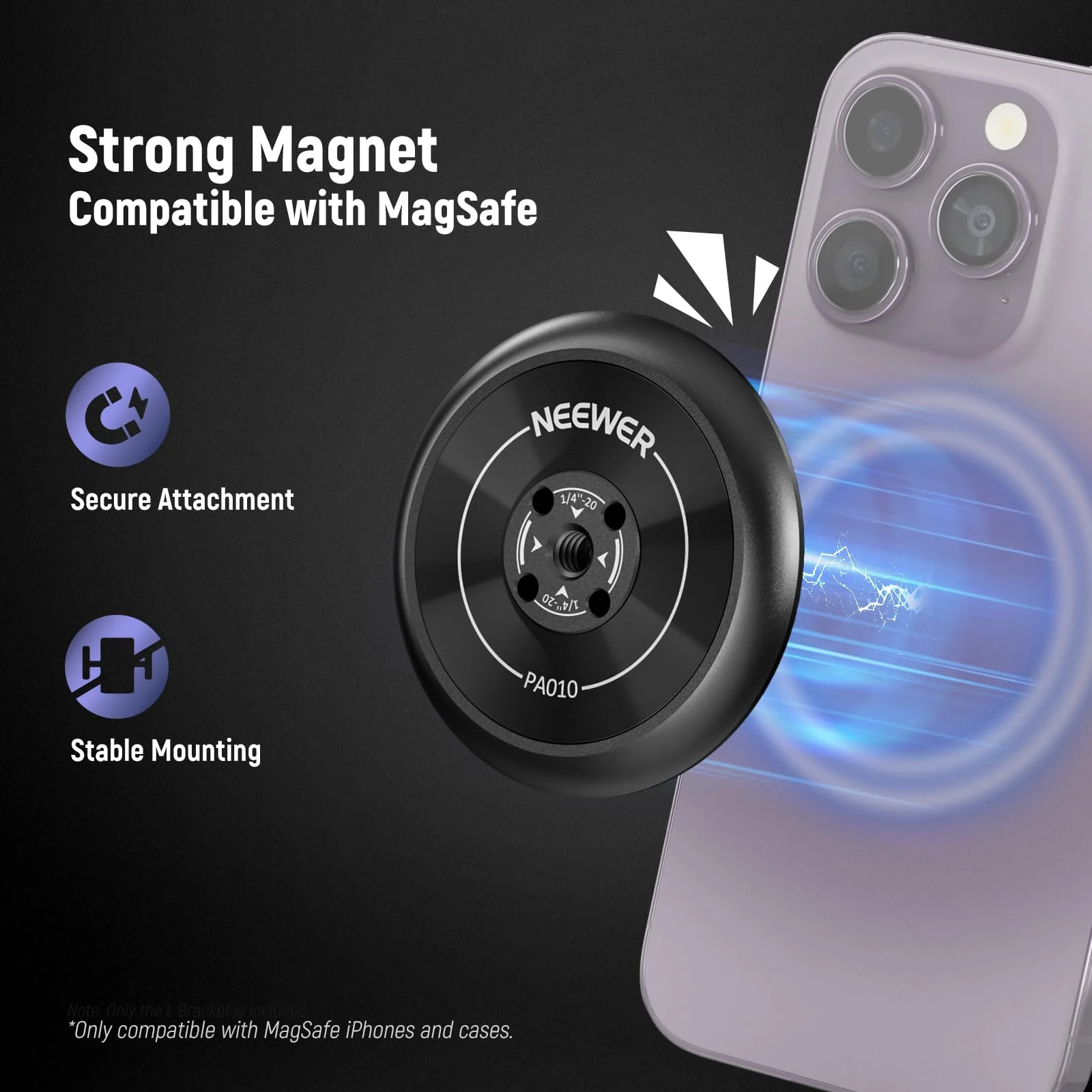 Neewer Magnetic Phone Tripod Mount Adapter with Adhesive Magnetic Ring 2 Pack Compatible with MagSafe iPhone 16 15 Pro Max Plus 14 13 12, 1/4" Thread for Video Recording Selfie Stick Ring Light, PA010 PA010(2 Pack) w/Magnetic Ring - Image 2