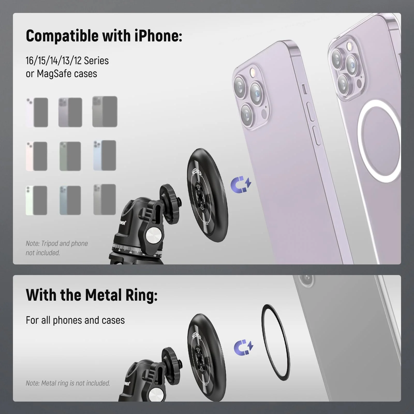 Neewer Magnetic Phone Tripod Mount Adapter with Adhesive Magnetic Ring 2 Pack Compatible with MagSafe iPhone 16 15 Pro Max Plus 14 13 12, 1/4" Thread for Video Recording Selfie Stick Ring Light, PA010 PA010(2 Pack) w/Magnetic Ring - Image 3