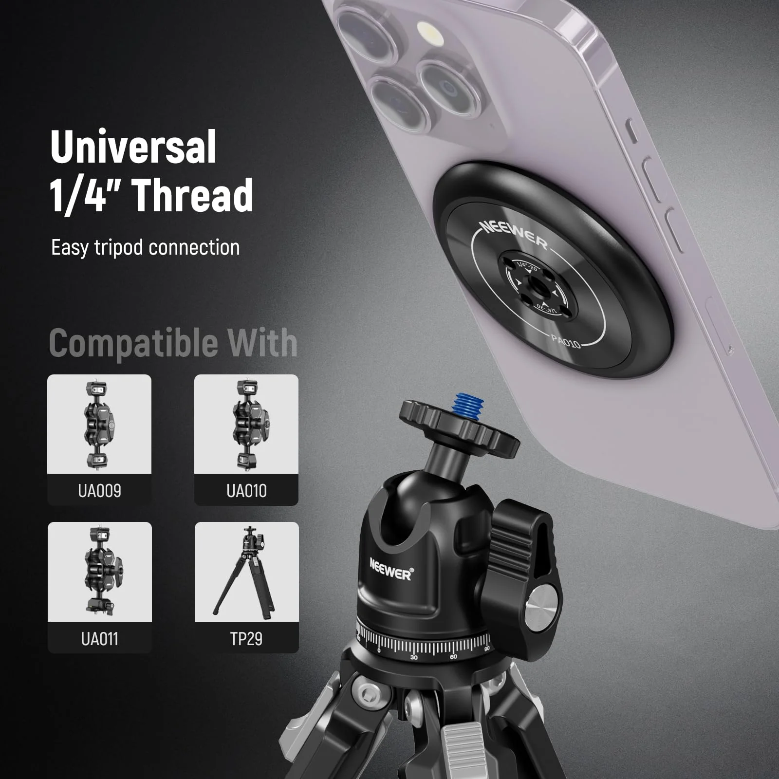 Neewer Magnetic Phone Tripod Mount Adapter with Adhesive Magnetic Ring 2 Pack Compatible with MagSafe iPhone 16 15 Pro Max Plus 14 13 12, 1/4" Thread for Video Recording Selfie Stick Ring Light, PA010 PA010(2 Pack) w/Magnetic Ring - Image 4
