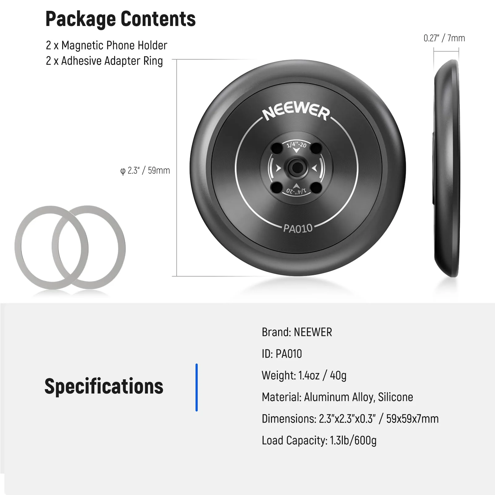Neewer Magnetic Phone Tripod Mount Adapter with Adhesive Magnetic Ring 2 Pack Compatible with MagSafe iPhone 16 15 Pro Max Plus 14 13 12, 1/4" Thread for Video Recording Selfie Stick Ring Light, PA010 PA010(2 Pack) w/Magnetic Ring - Image 8
