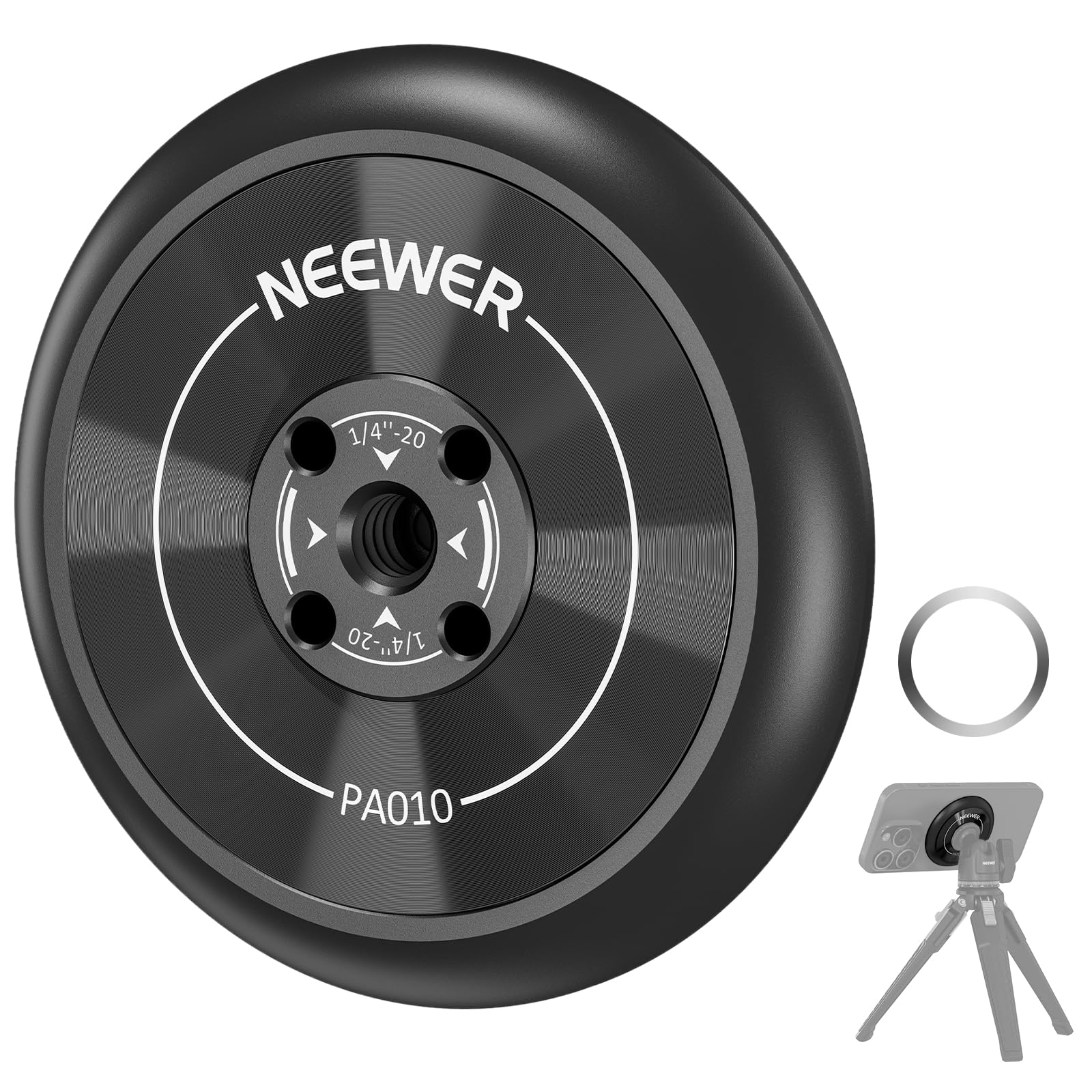 NEEWER Magnetic Phone Tripod Mount Adapter with Adhesive Magnetic Ring Compatible with MagSafe iPhone 15 Pro Max 15 Plus 14 13 12, 1/4" Thread for iPhone Video Recording Selfie Stick Ring Light, PA010 PA010(1 Pack) w/Magnetic Ring