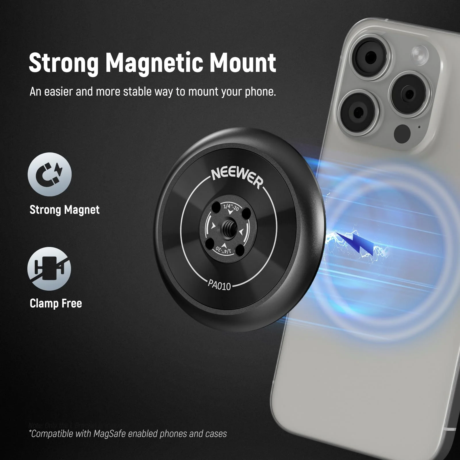 NEEWER Magnetic Phone Tripod Mount Adapter with Adhesive Magnetic Ring Compatible with MagSafe iPhone 15 Pro Max 15 Plus 14 13 12, 1/4" Thread for iPhone Video Recording Selfie Stick Ring Light, PA010 PA010(1 Pack) w/Magnetic Ring - Image 2