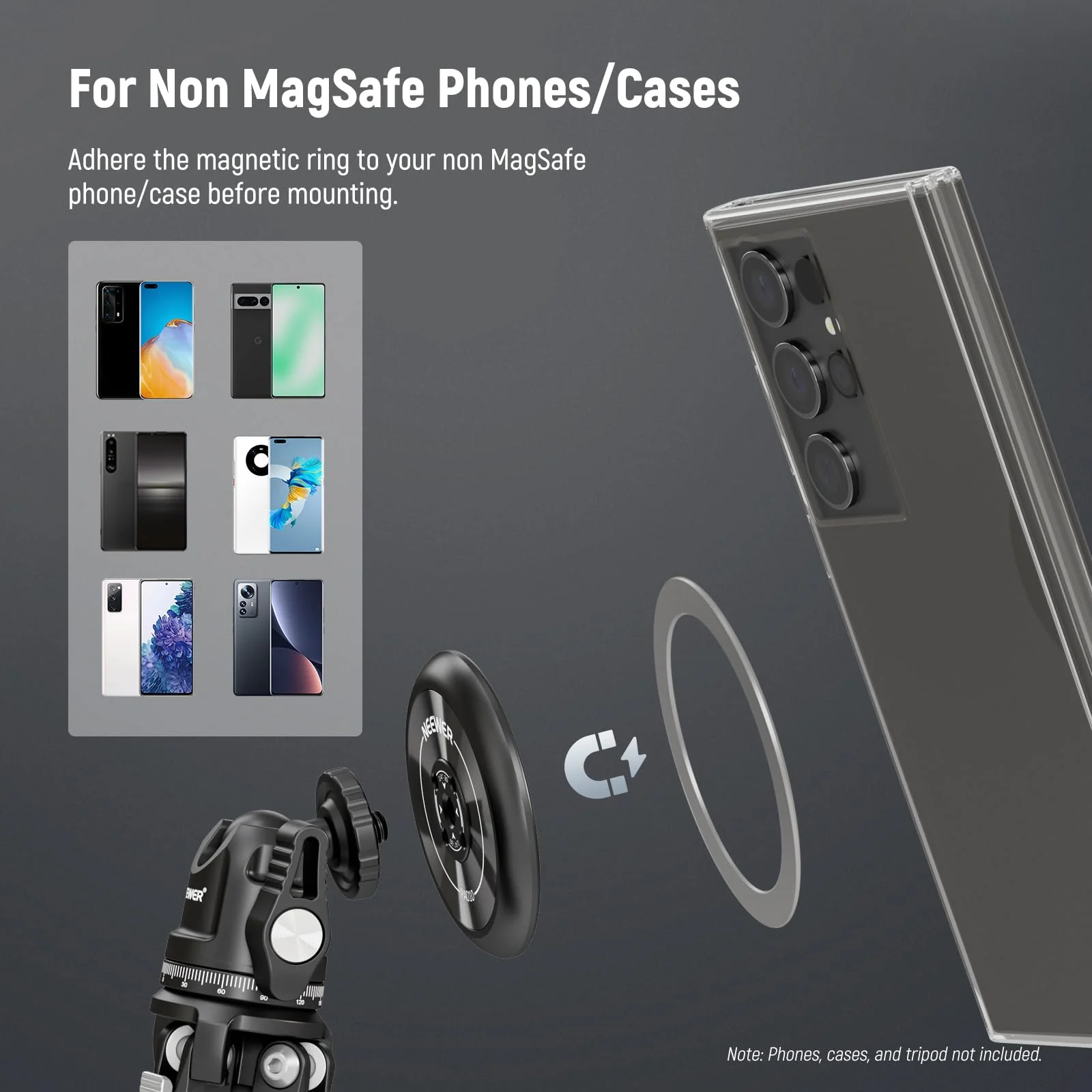 NEEWER Magnetic Phone Tripod Mount Adapter with Adhesive Magnetic Ring Compatible with MagSafe iPhone 15 Pro Max 15 Plus 14 13 12, 1/4" Thread for iPhone Video Recording Selfie Stick Ring Light, PA010 PA010(1 Pack) w/Magnetic Ring - Image 4