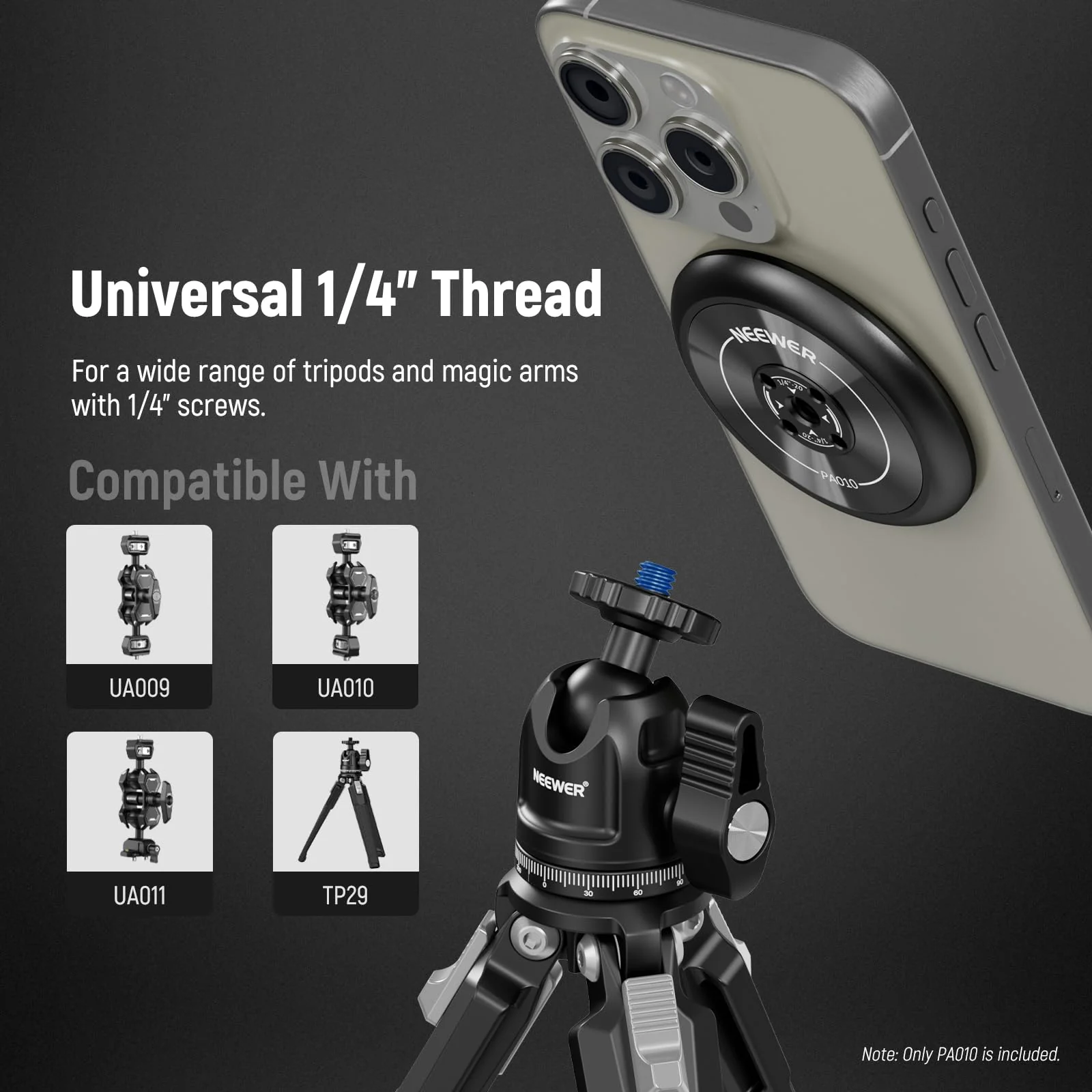 NEEWER Magnetic Phone Tripod Mount Adapter with Adhesive Magnetic Ring Compatible with MagSafe iPhone 15 Pro Max 15 Plus 14 13 12, 1/4" Thread for iPhone Video Recording Selfie Stick Ring Light, PA010 PA010(1 Pack) w/Magnetic Ring - Image 5