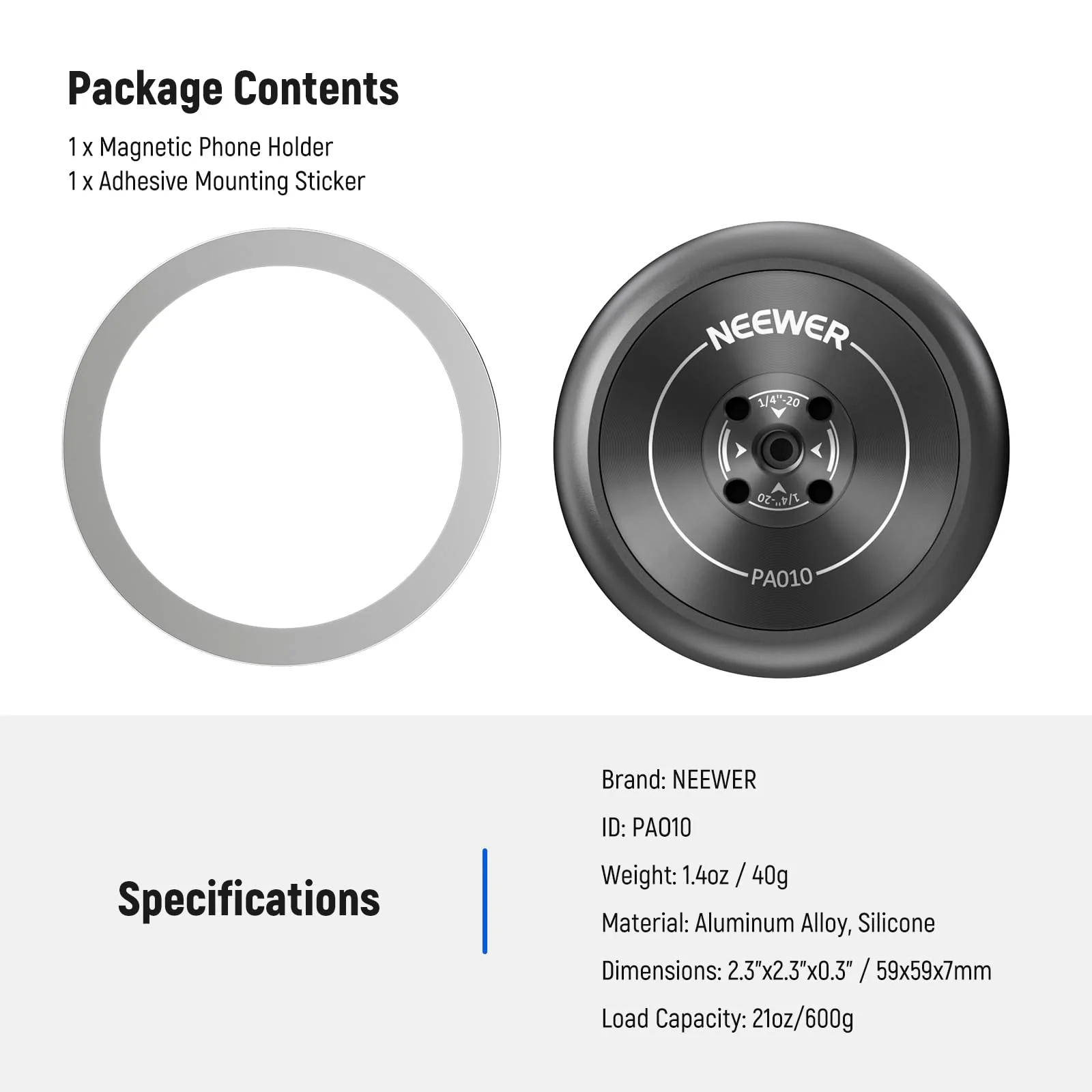NEEWER Magnetic Phone Tripod Mount Adapter with Adhesive Magnetic Ring Compatible with MagSafe iPhone 15 Pro Max 15 Plus 14 13 12, 1/4" Thread for iPhone Video Recording Selfie Stick Ring Light, PA010 PA010(1 Pack) w/Magnetic Ring - Image 9